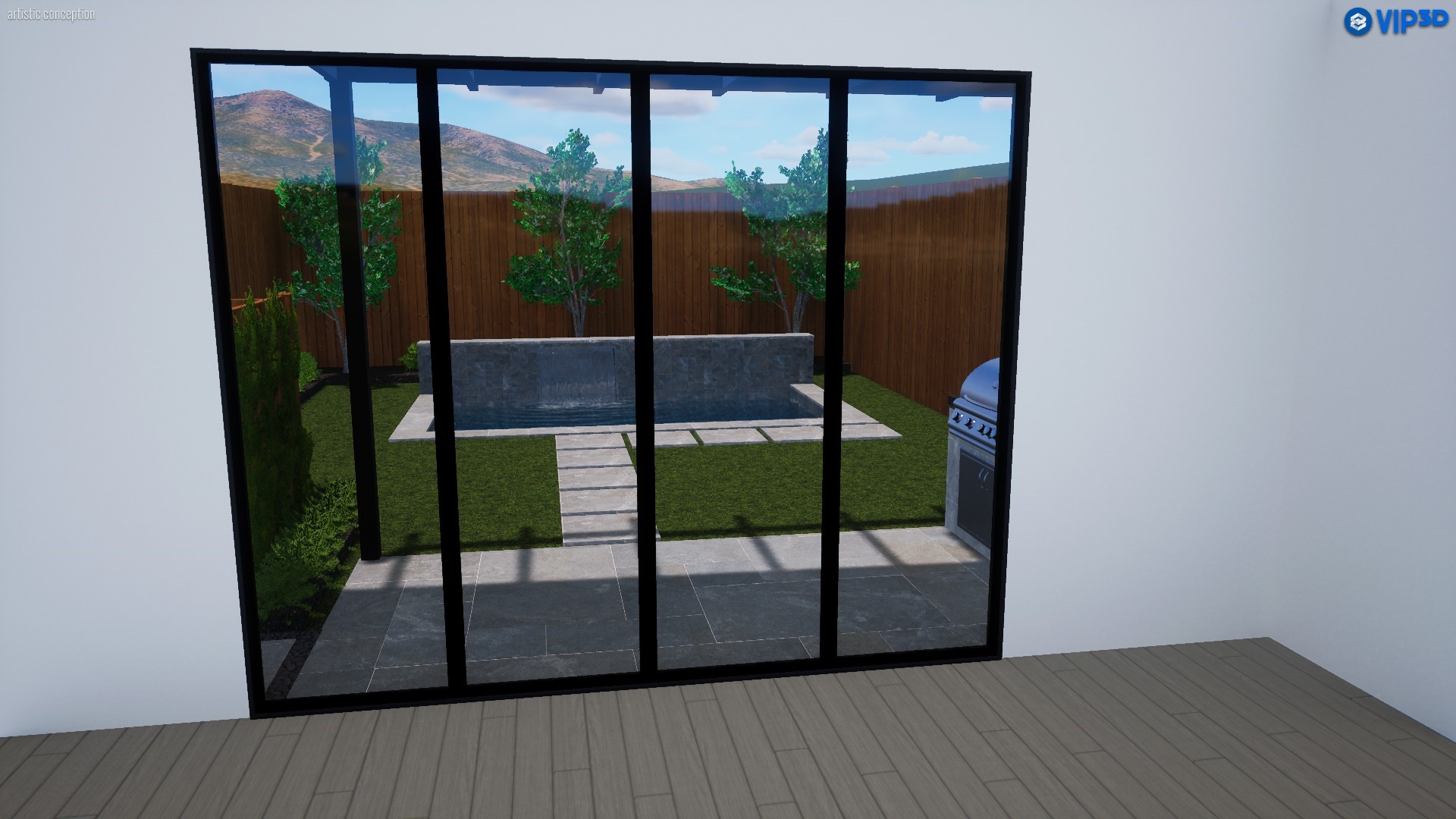 Rendering of the possible pool area from inside the home (this is considered an upgrade and not included in the price).