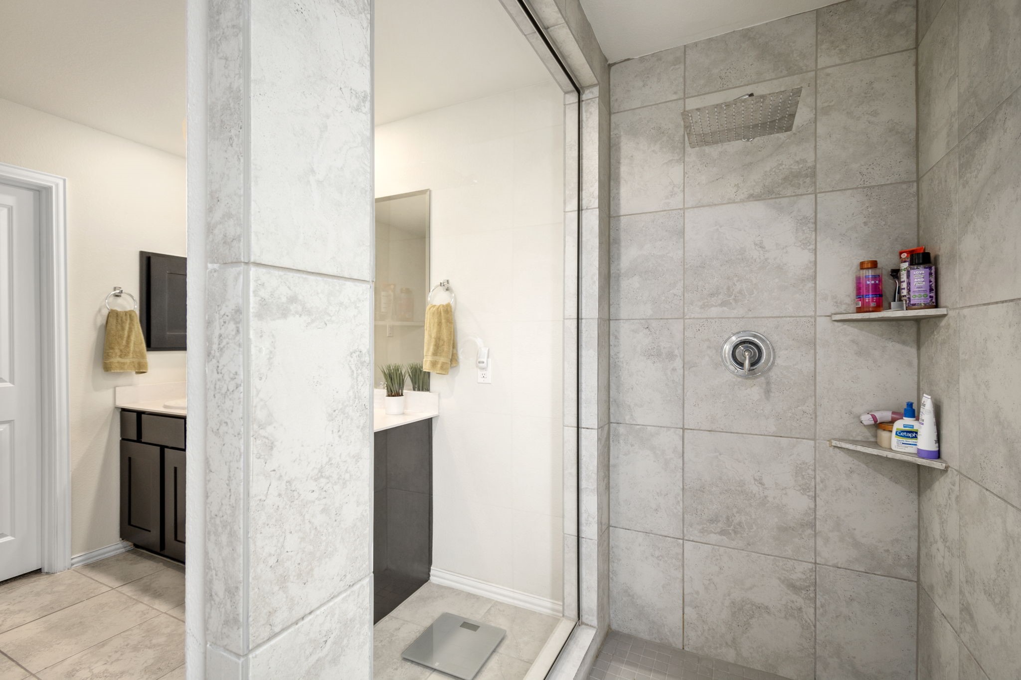 Large walk-in shower with rain shower head