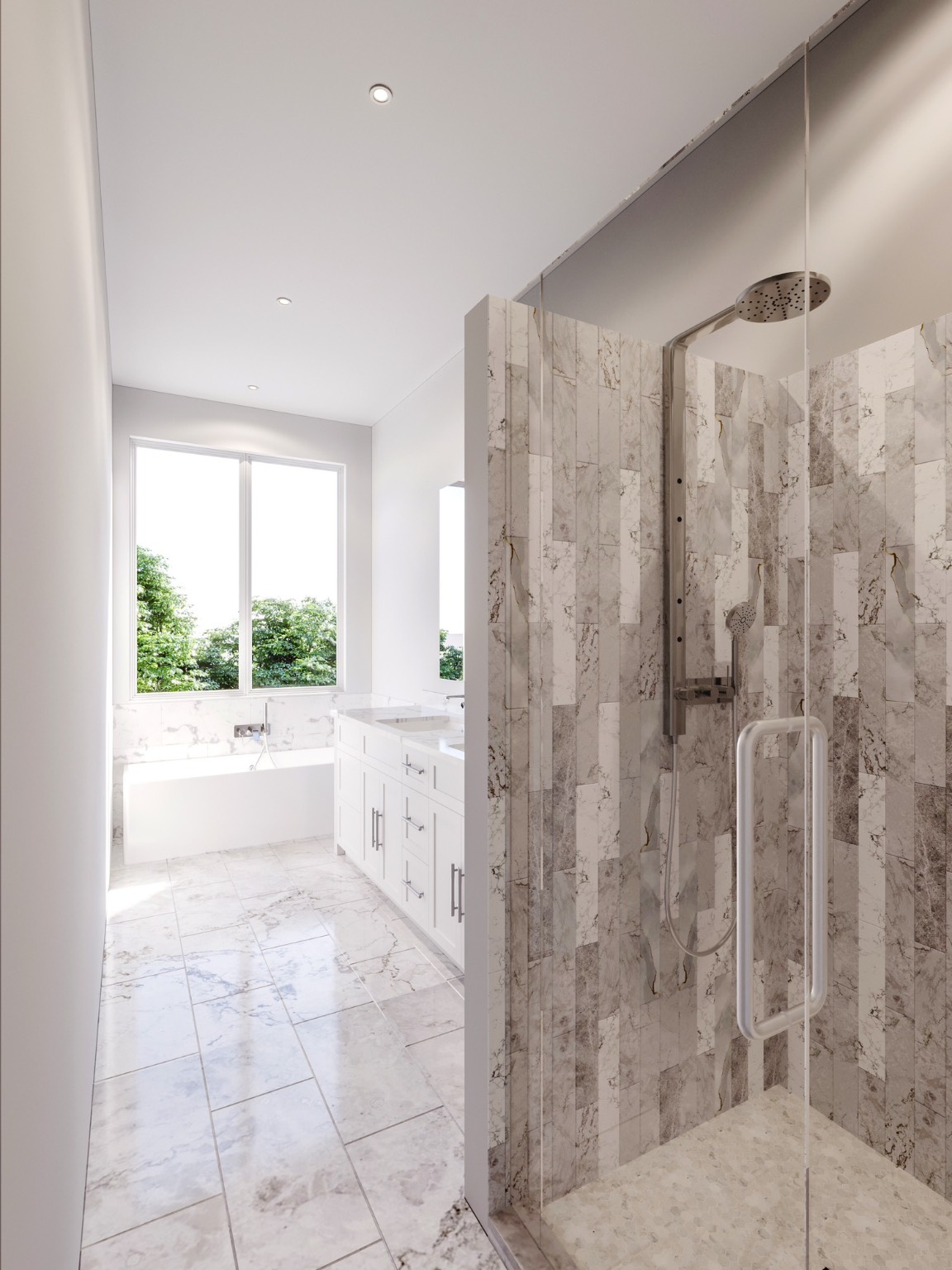 Primary suite bathroom designed with luxurious marble flooring, featuring a sophisticated double vanity setup, a sleek stand-alone bathtub, and a spacious walk-in shower with a frameless design. Architectural rendering.