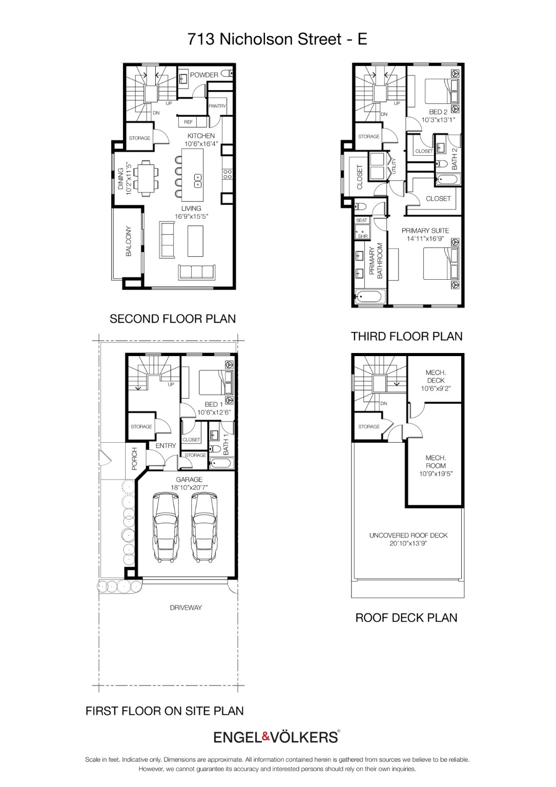 The first floor houses a bedroom, storage, and a two-car garage. The second floor offers an open-plan living area, kitchen, dining space, and balcony. The third floor comprises a primary suite with en-suite and a second bedroom with a bath. The rooftop features a deck and mechanical room.