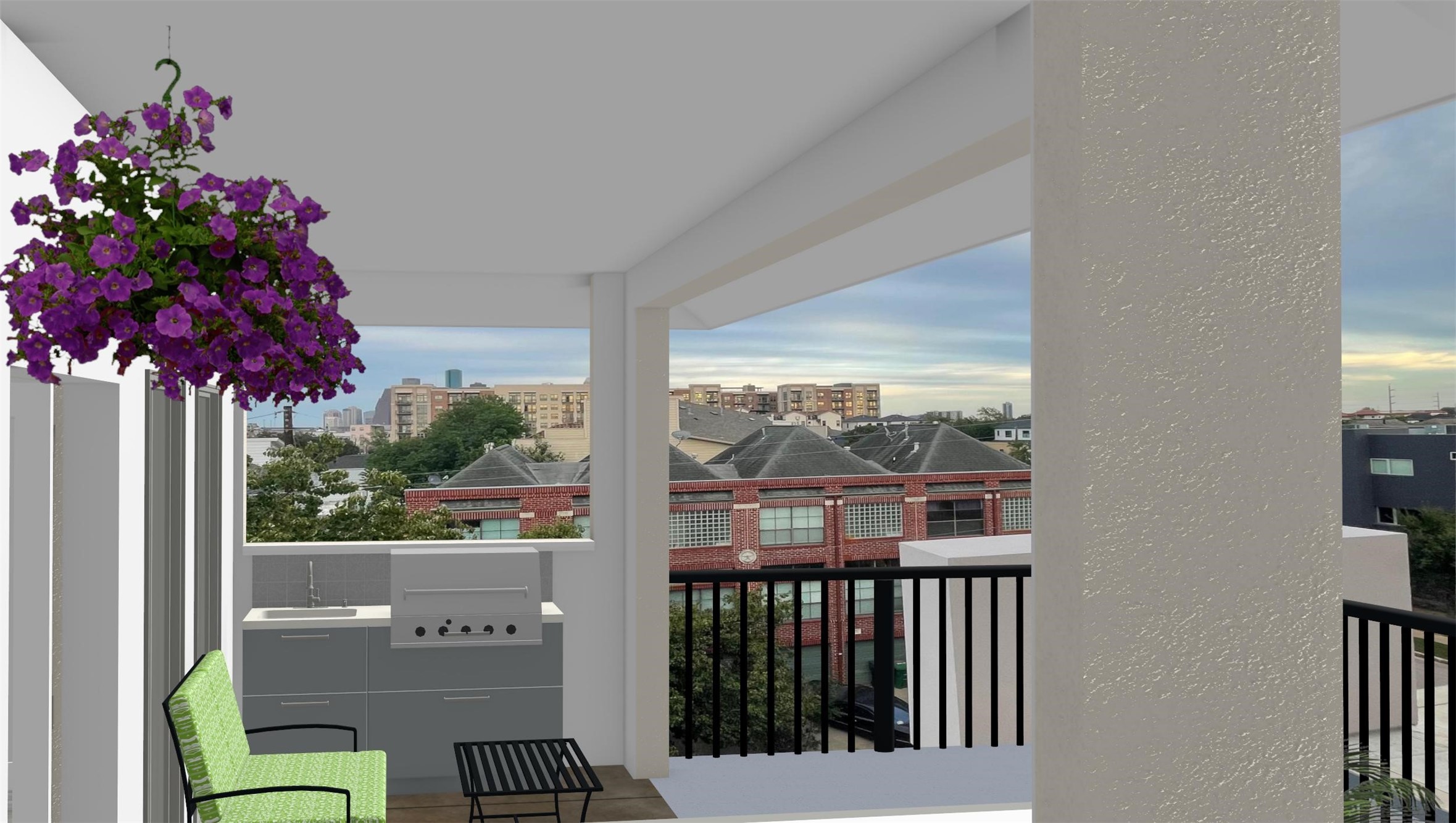 A rendered model illustration of Sage Sky Estates rooftop/ outdoor kitchen view.