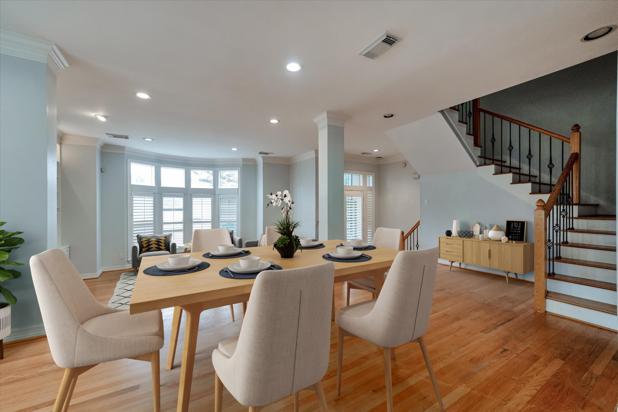 Looping back to the 2nd floor, here is a photo of your open dining room. This frame also shows how great the different areas of this floor flow together, and is perfect for entertaining friends and family!