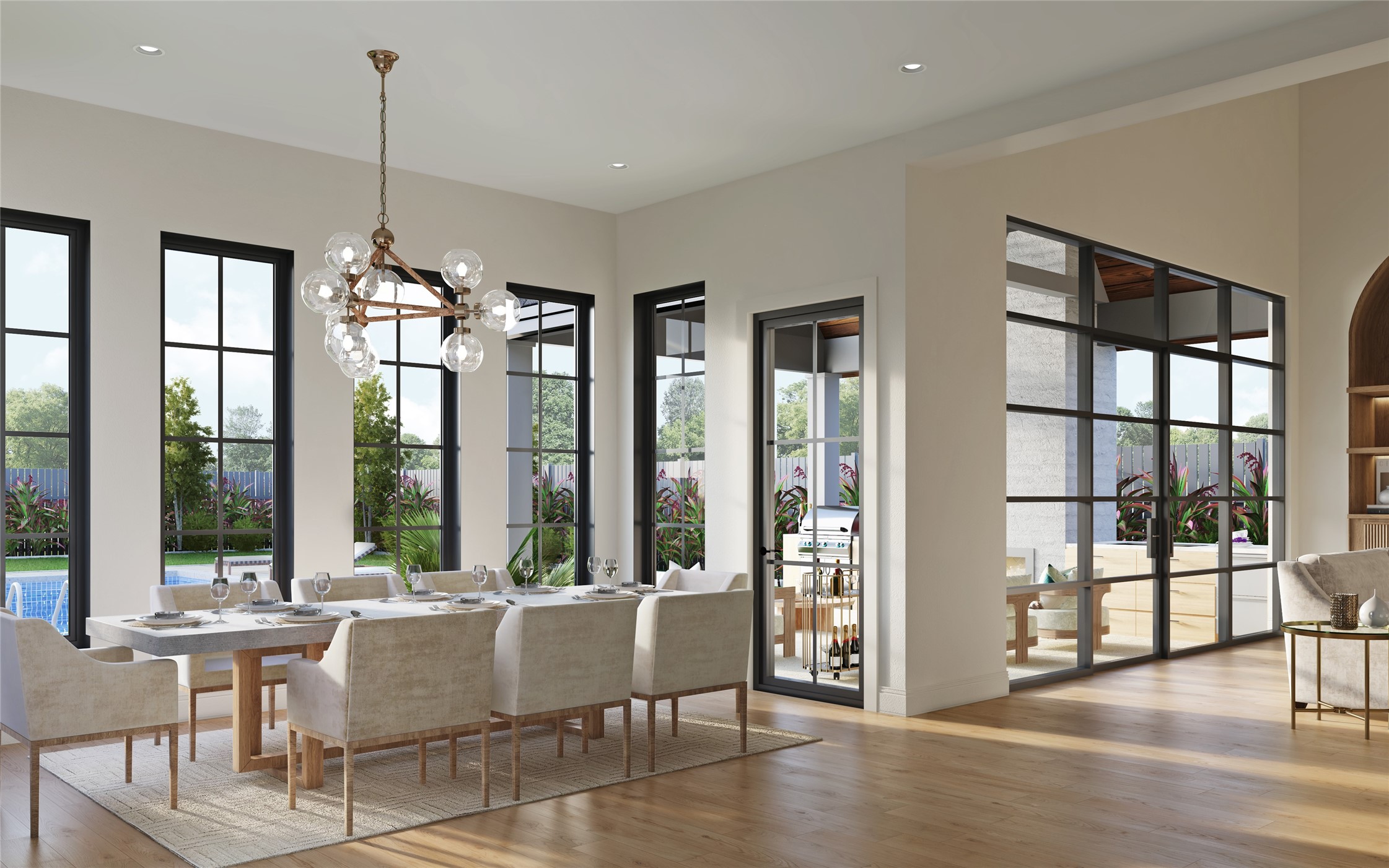 Your breakfast area featuring floor to ceiling Pella windows overlooking your stunning backyard grounds.