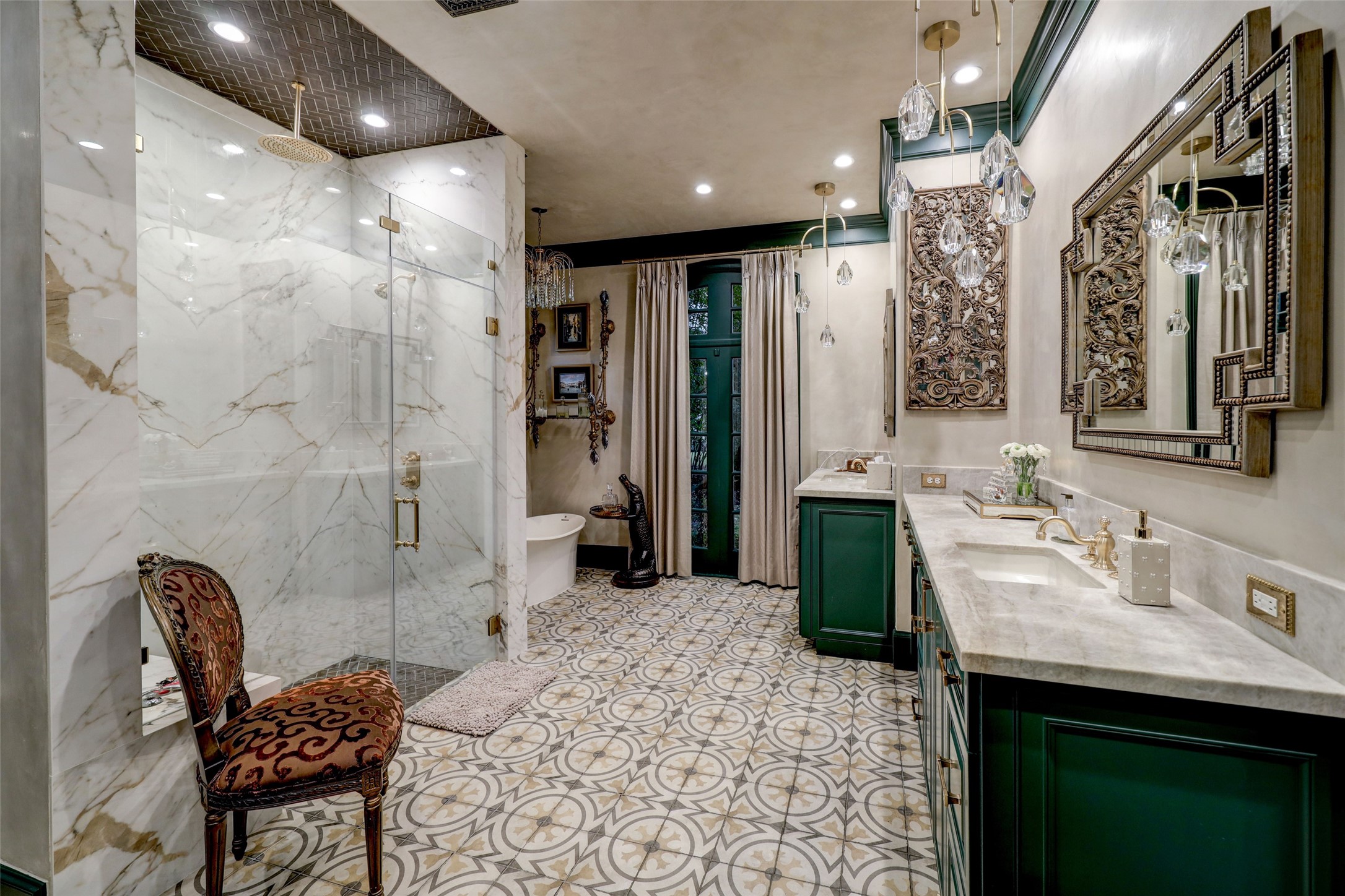 From the Diamond Brite plaster wall finish, to the cement tiles on the floor, to the book matched solid sheet marble slabs that comprise the Shower, there are so many touches within that are truly unduplicatable.