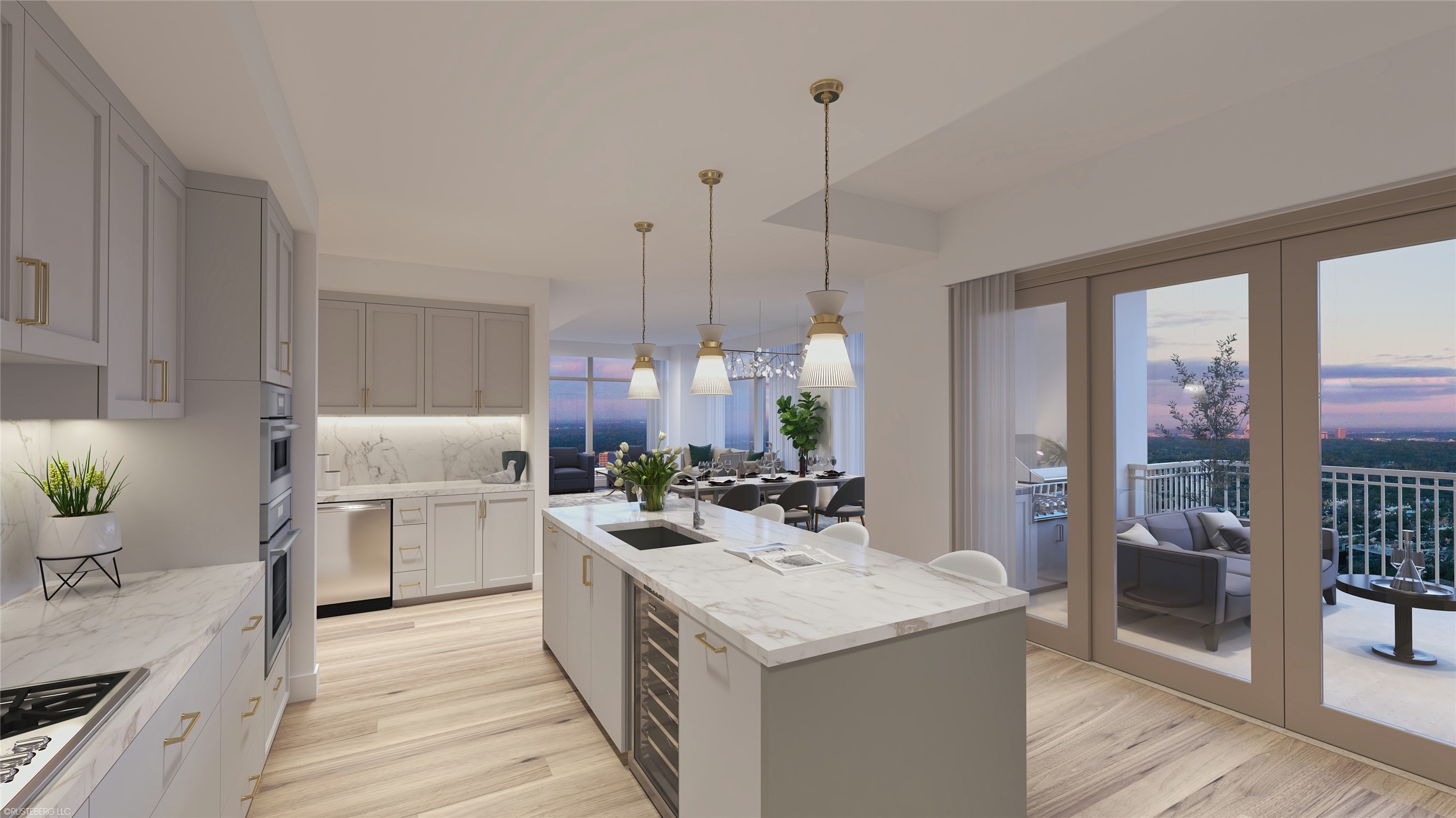 Flawless porcelain slab countertops perfectly coordinate with wide-plank flooring and brass finishes. Soaring window-walls bask in the impressive views that surround The Hawthorne, and transition into balcony access for easy outdoor entertainment.
