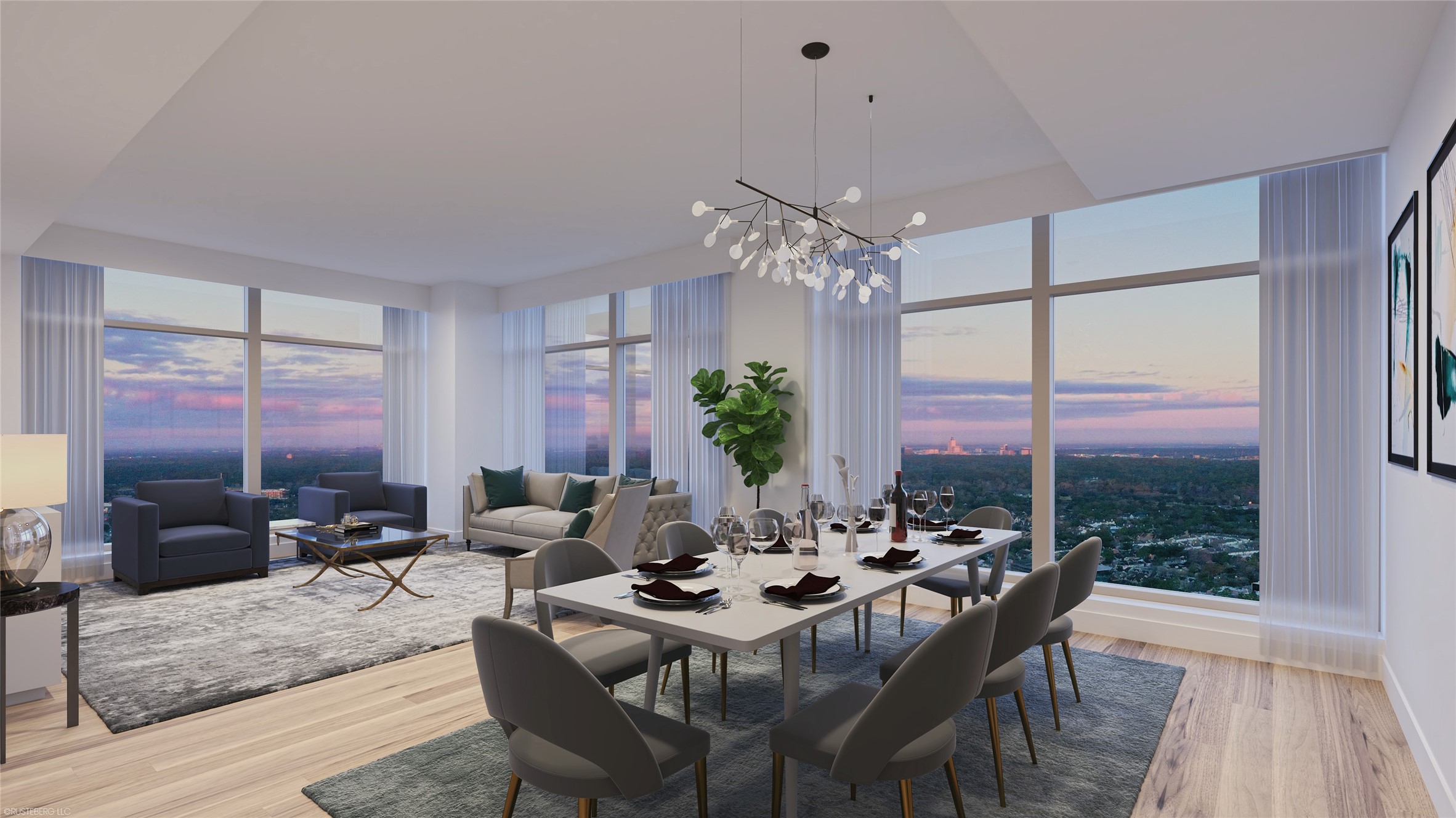 Flawless porcelain slab countertops perfectly coordinate with wide-plank flooring and brass finishes. Soaring window-walls bask in the impressive views that surround The Hawthorne, and transition into balcony access for easy outdoor entertainment.