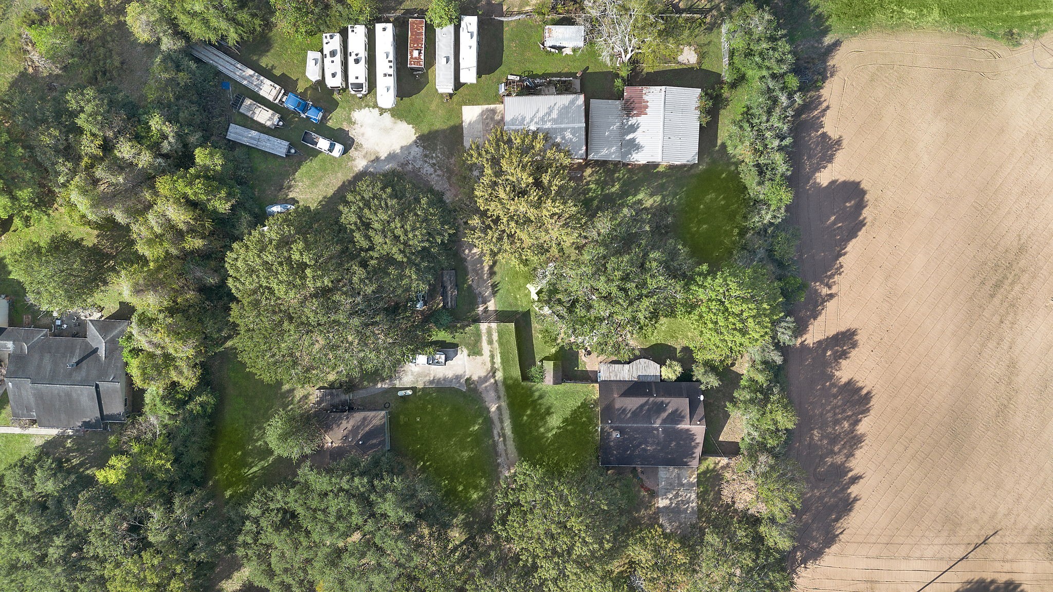 Ariel View of the 2 Acres. 2 Homes, Metal Shop, Barn