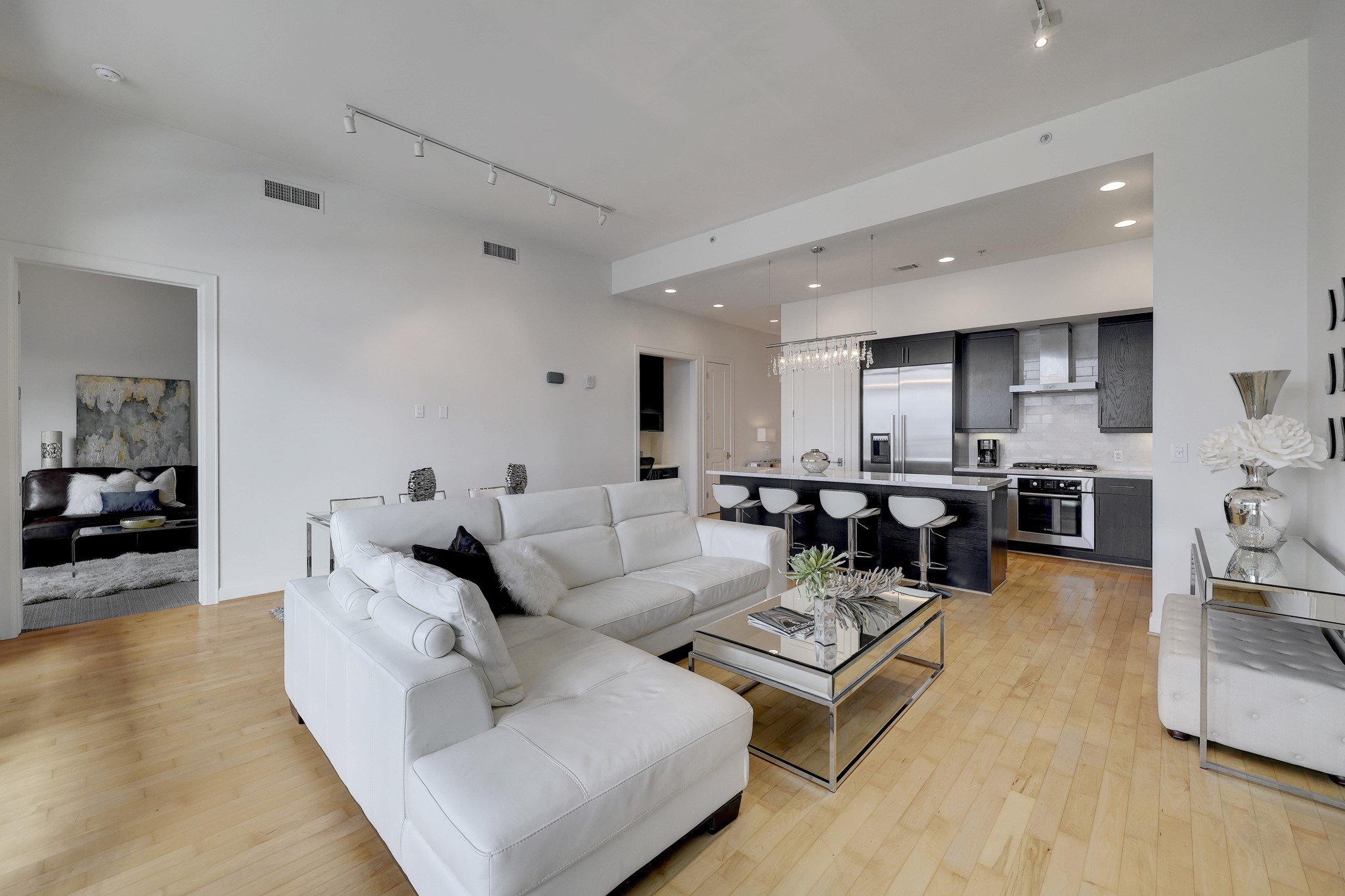 The space feels more spacious, open and airy with tall ceilings and large windows. The contemporary furnishings, basic kitchen essentials, washer, dryer and accessories are included. Staging accessories, art, furniture are excluded.