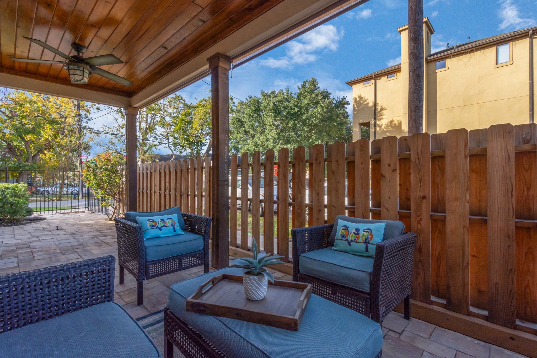 Perfect for outdoor gatherings, the well-designed custom-covered patio creates the perfect setting.