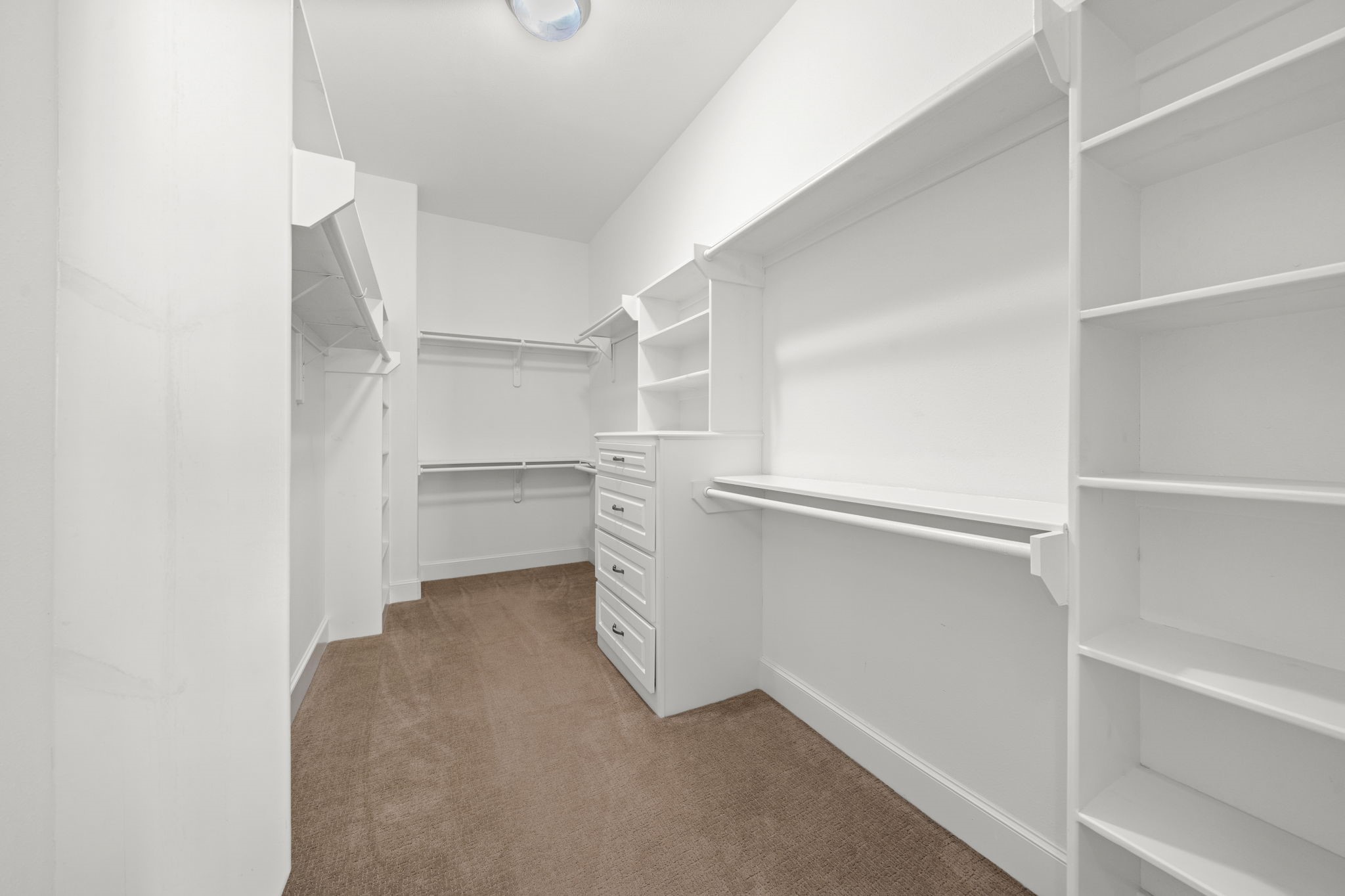 The primary suite's first walk-in closet features carpeted floors and abundant storage space with cabinets, shelving, and racks.