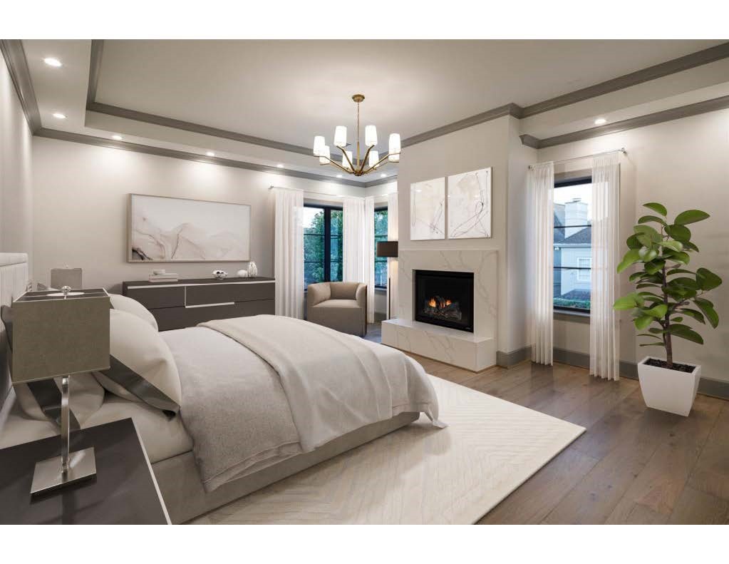 Double door entry into this amazing Large Primary bedroom suite. Engineered white Oak wood floors. Trey ceiling. Designer Chandelier. Seating area. Individual reading lights. Marble mantle surrounding a cozy fire place & windows offering South/East exposure with Pool views. Photo is virtually staged