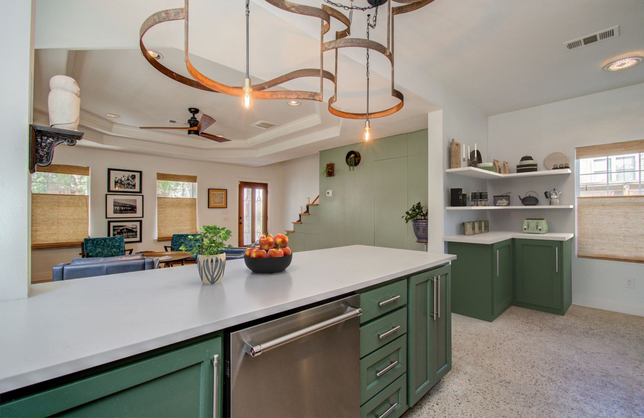 Explore the Potential: This kitchen photo features virtual staging on the right to showcase additional cabinet space possibilities.