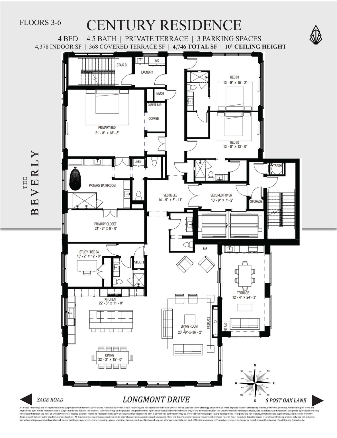 The Century Floorplan - Consisting of 4 bedrooms, 4.5 baths on one single level completed with 2 private elevators opening directly into secured & private resident corridor. Home consists of over 4,300 interior square feet with an additional 370 square feet of covered terrace.