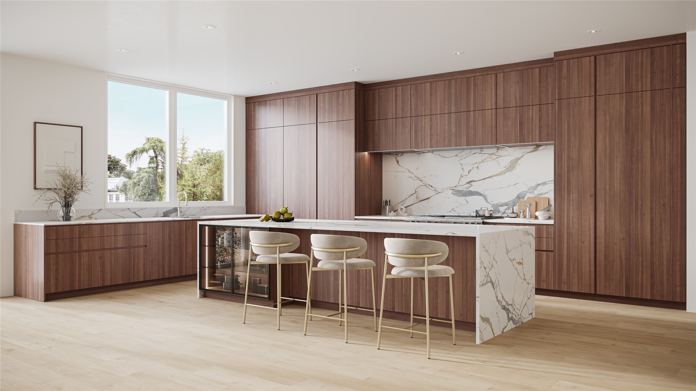 Artist Rendition of the homes Kitchen that opens the homes living & dining areas. The kitchen is replete with top tier Thermador appliances (all paneled of course). Waterfall edge stone finishes & custom designed Eggersmann cabinetry throughout married by the European Oak flooring.