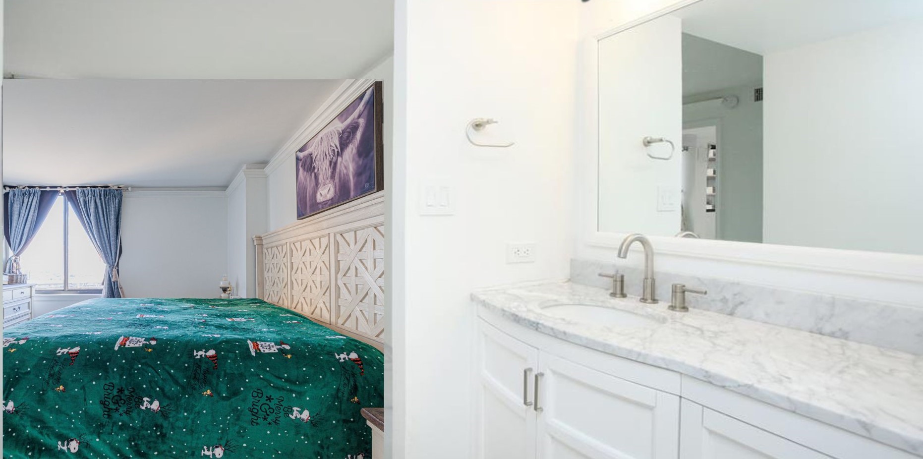 The primary bathroom offers a marble topped contemporary vanity!