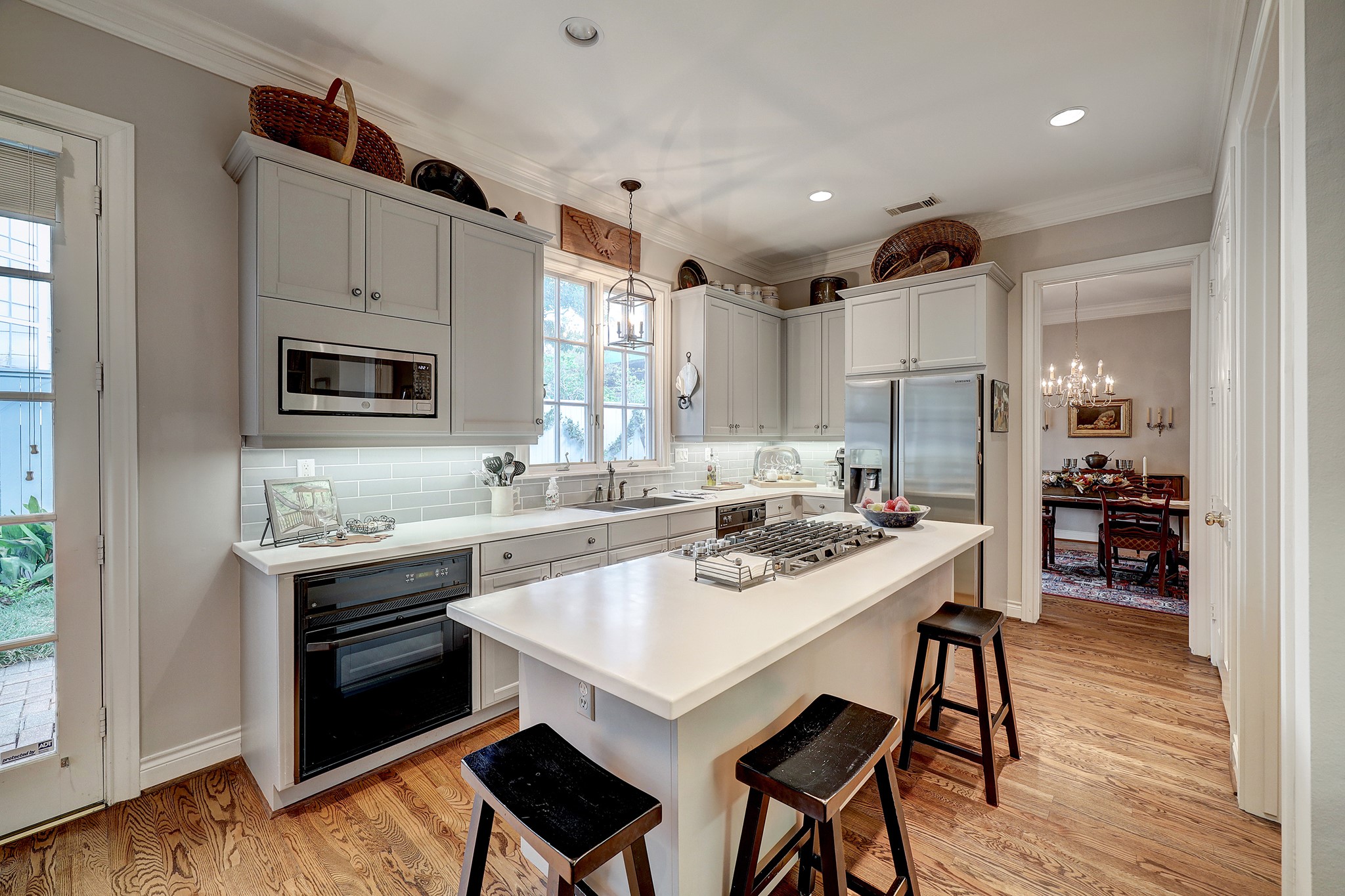 The kitchen island allows ample seating and prep space.