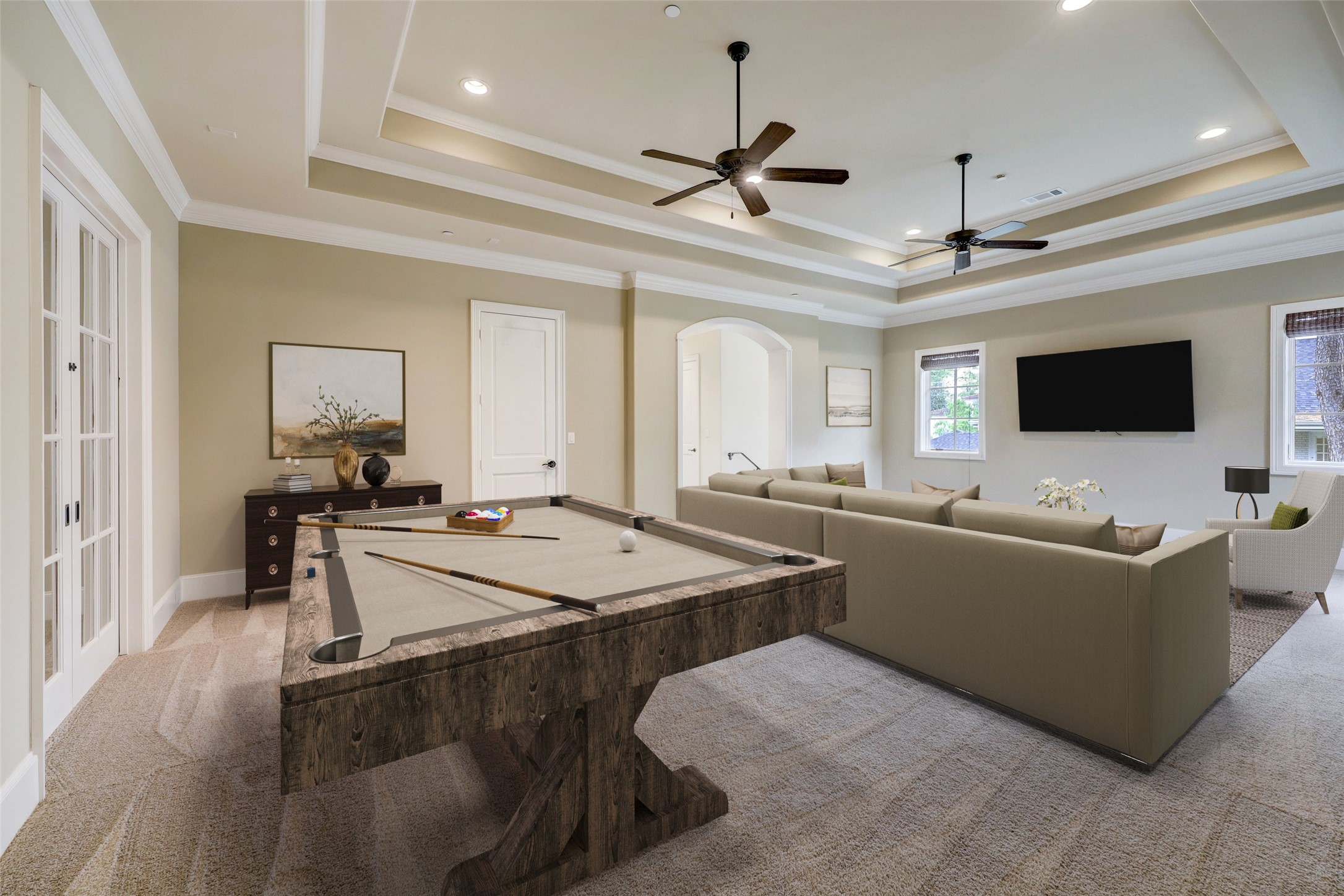 Separate from the Bedroom wing, the Game Room bridges one wing of the home to another.  This room is a great spot for fun and games: From Billiards to Ping Pong to video games or board games.