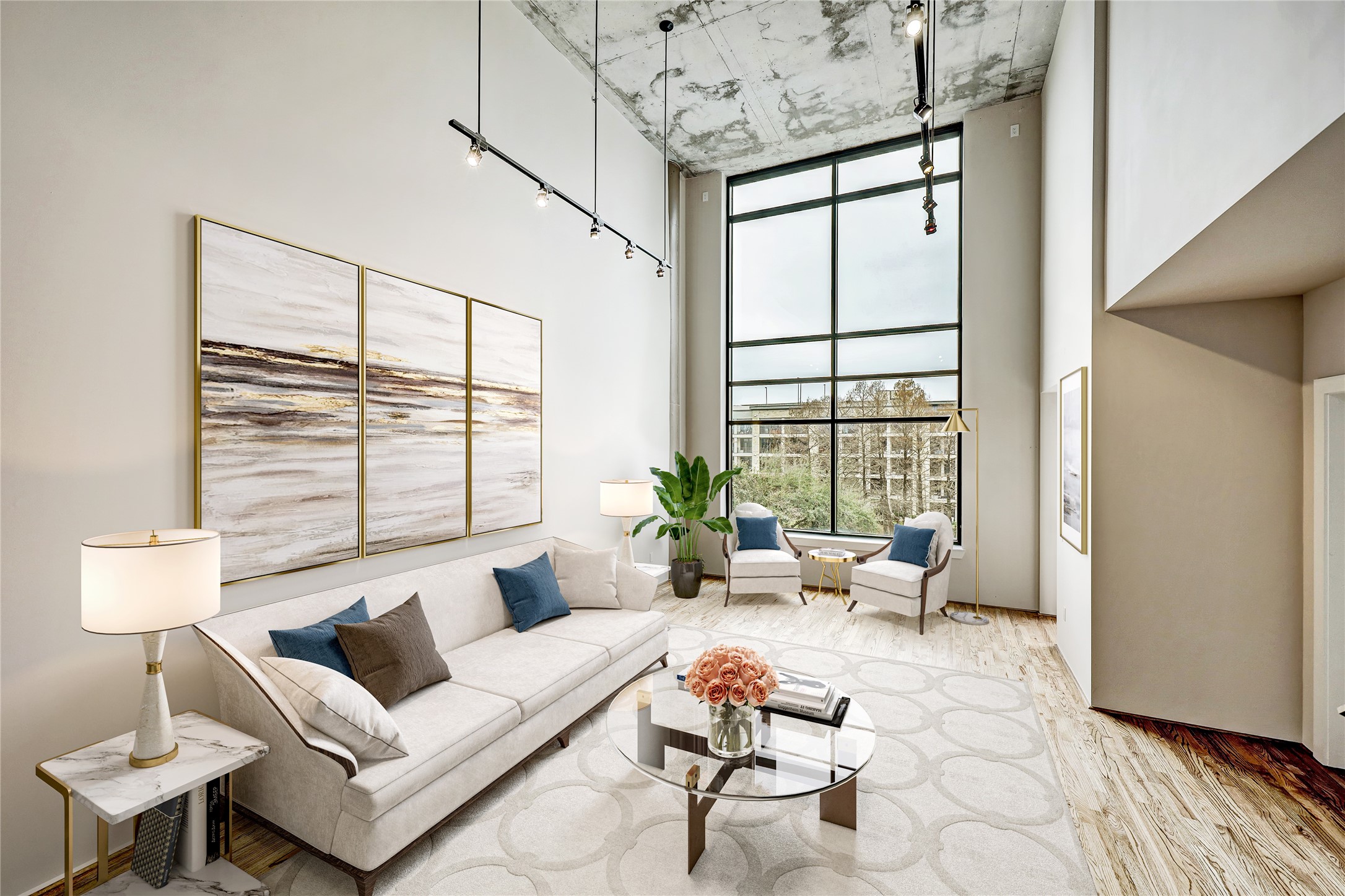 Soaring ceilings and a gorgeous view of the Lakes of Post Oak. This photo is virtually staged to reflect one of many possible seating areas.
