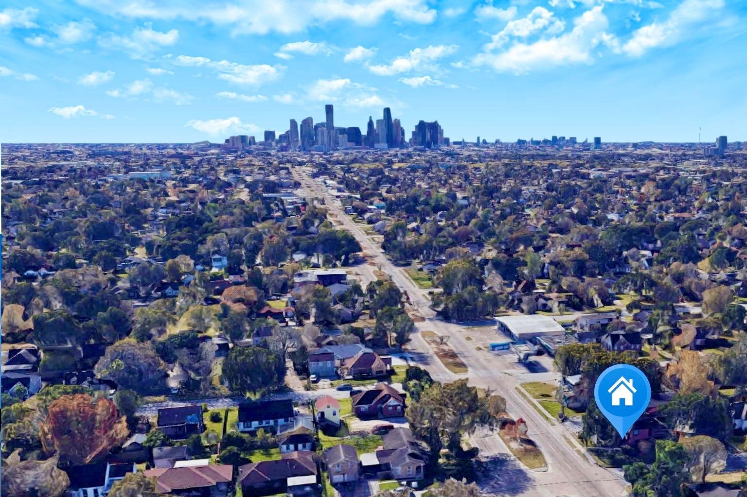 Aerial view from 5811 Irvington looking toward downtown Houston.