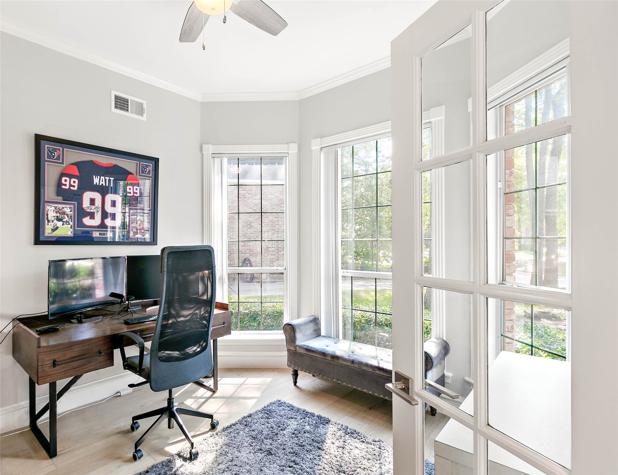 To your right of the entryway, a private study offers a dedicated space for working from home.