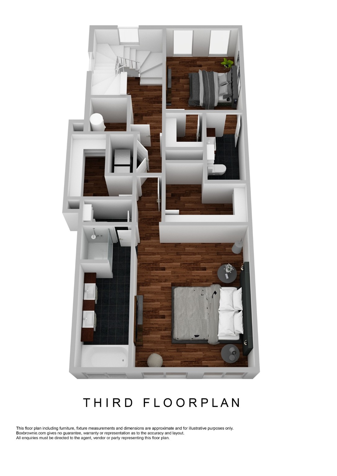 Renderings of the third level. Owners suite and secondary bedroom live on level three. Laundry and elevator access are available on this level.