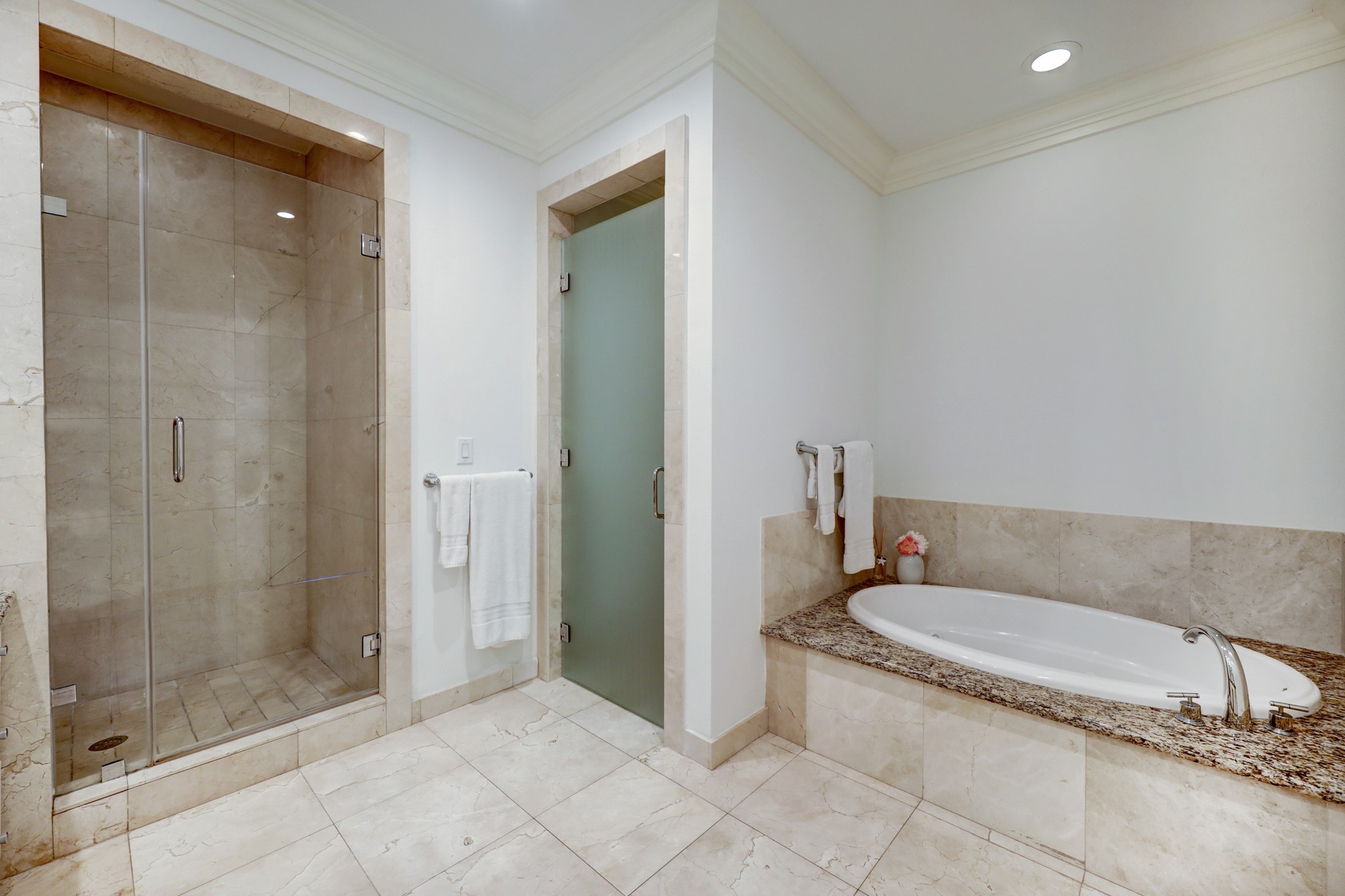 Another view of the primary bath with walk-in shower, separate commode room, and soaking tub.