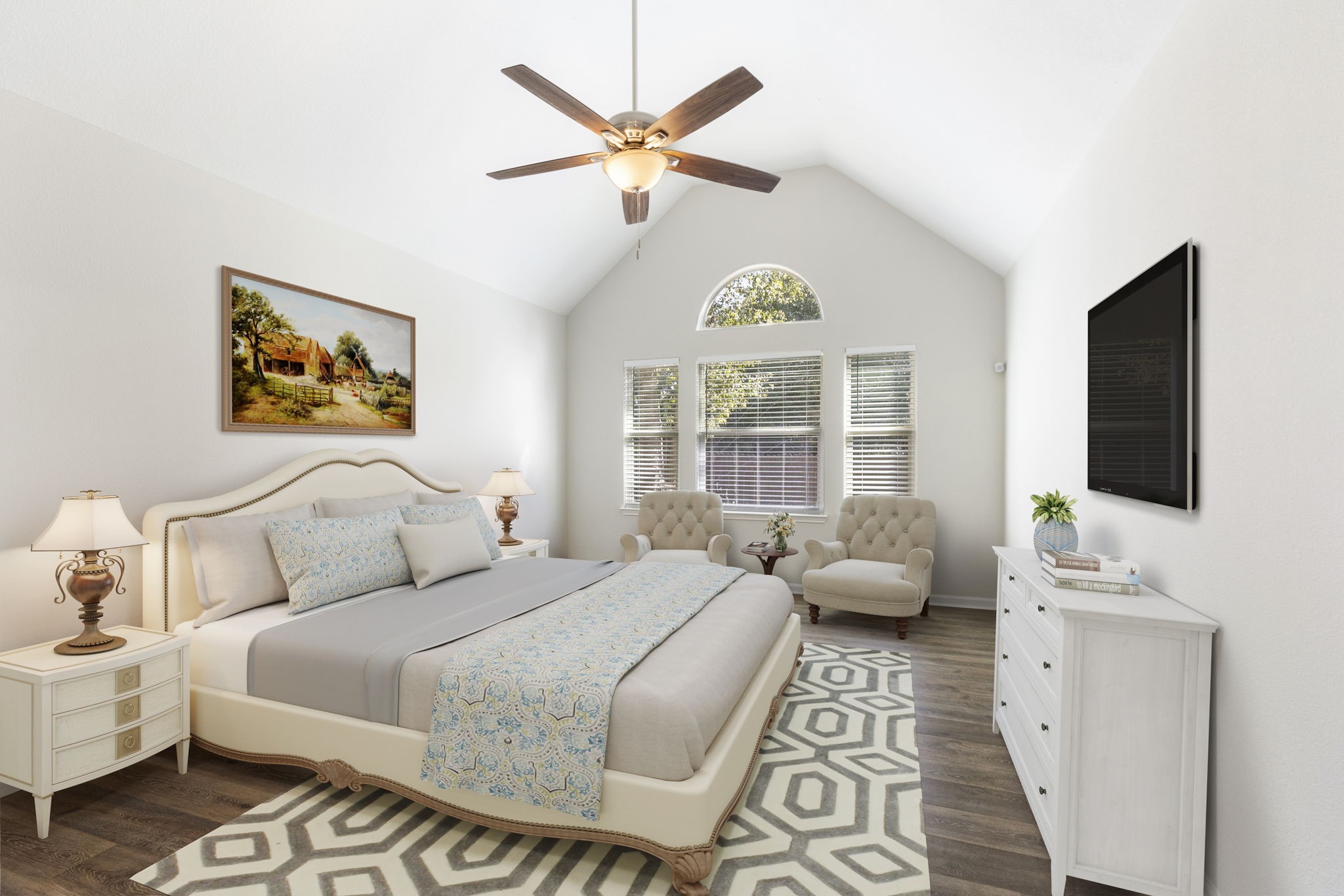 The extensive primary bedroom highlights a stunning window and cathedral ceilings with updated fan.   ** This image has been virtually staged