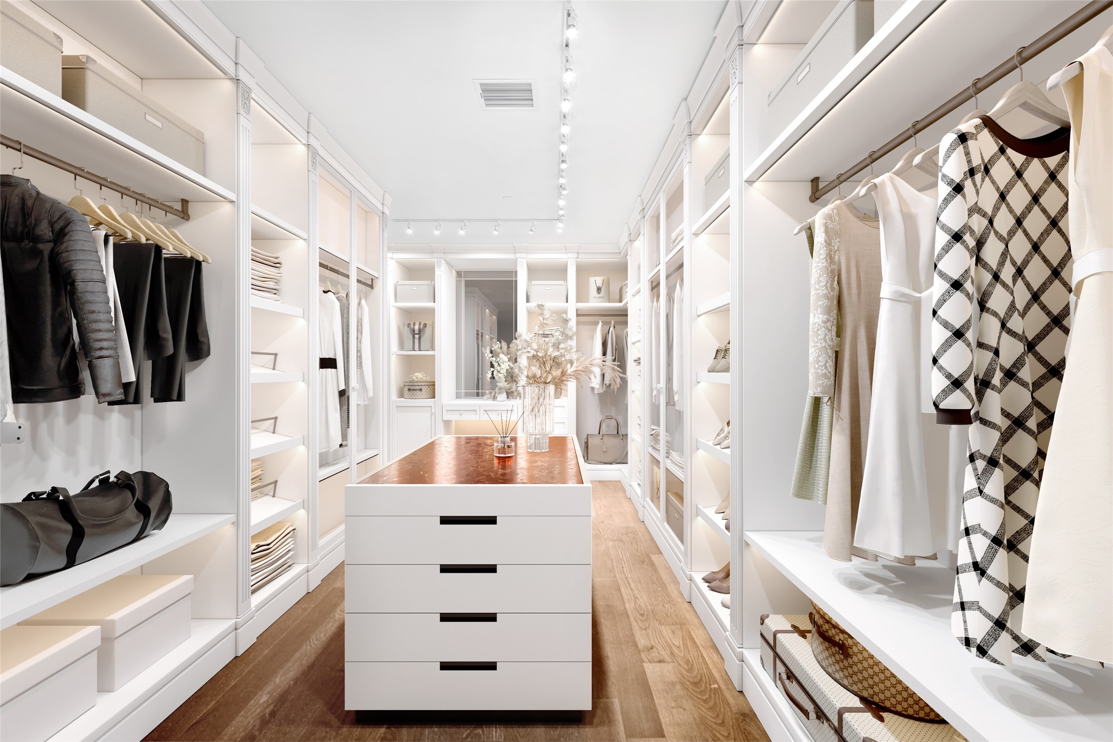 Included in the primary suite is an immense walk-in closet with a boutique type feel. Walk inside a sprawling L-shaped canvas primed for built-in customization, and illuminated by studio lighting. This is a rendering.