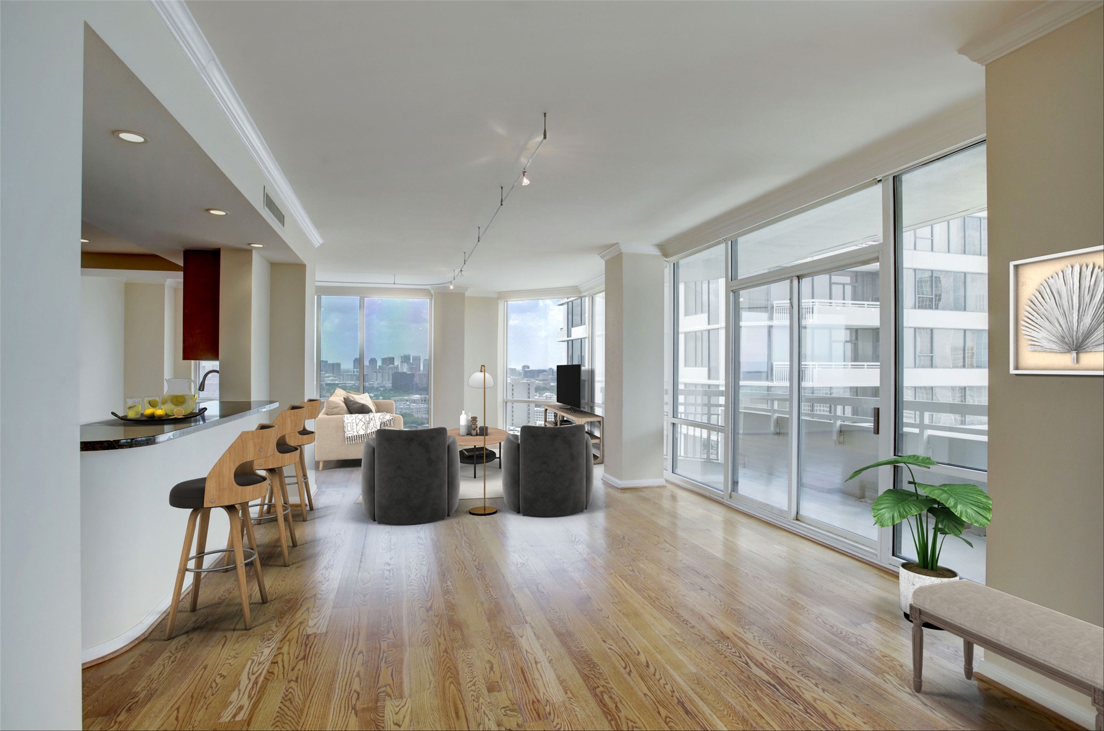 This Penthouse home has open concept kitchen, living and dining with wonderful views (virtually staged).