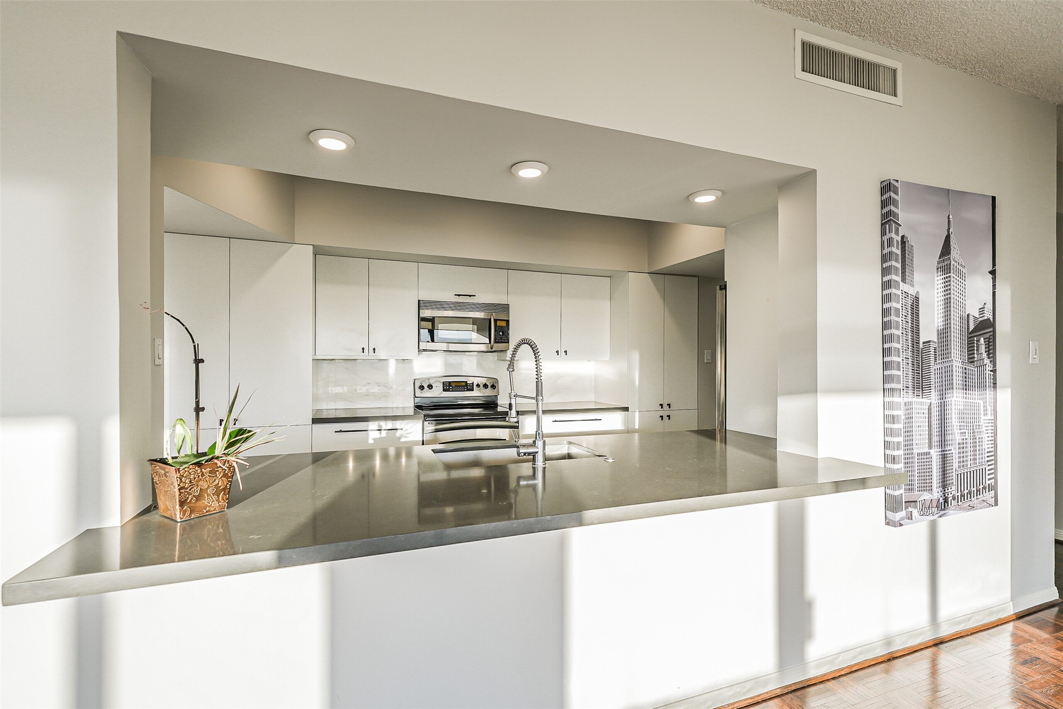 The beautifully updated kitchen opens to the living/dining area.  Light flows into the kitchen from the expansive glass windows creating wonderful views.