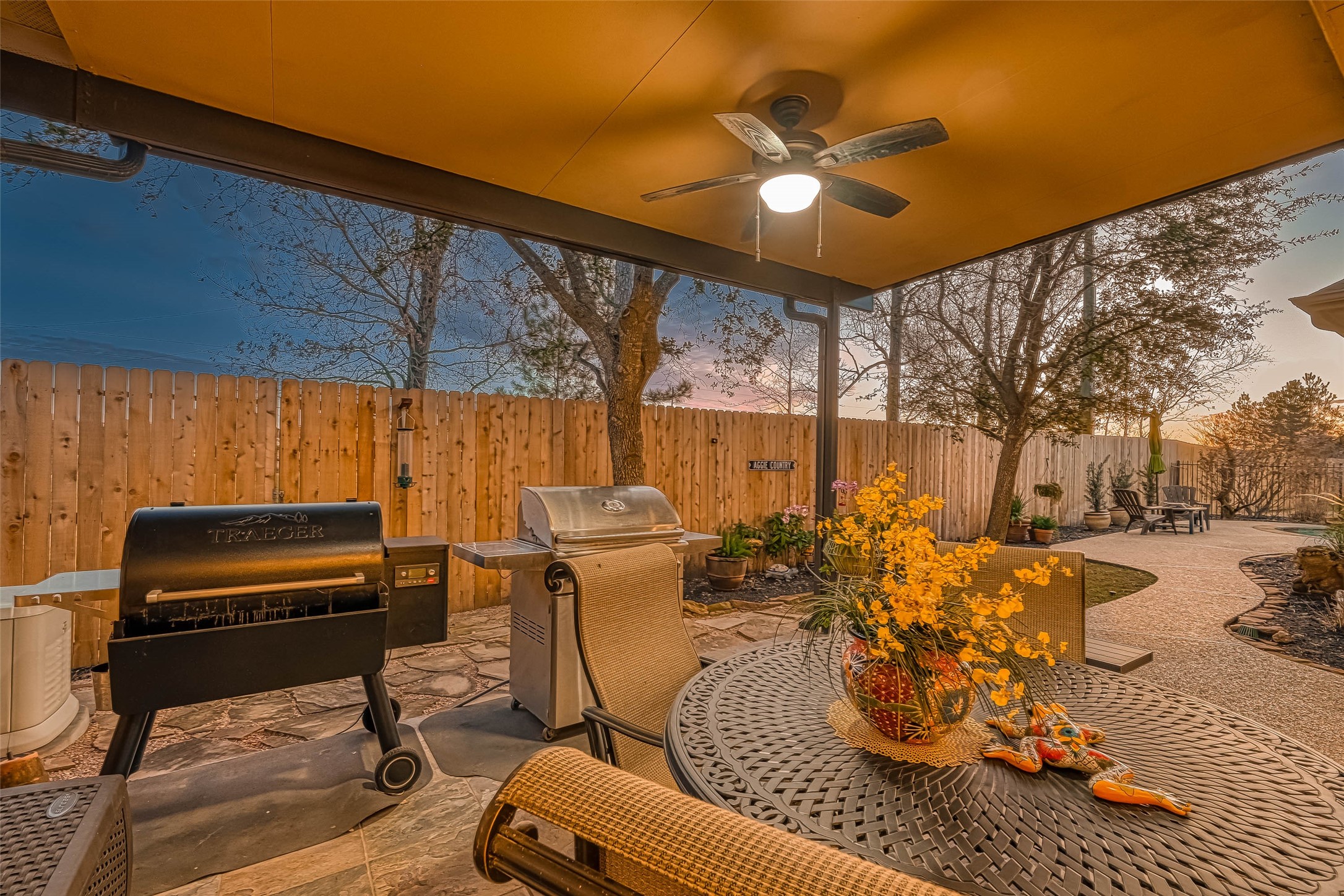 Patio extension with covered roof. Great space for dining al fresco and grilling! French doors lead to kitchen. View of HVAC (main level 2022) & Generator (2020)