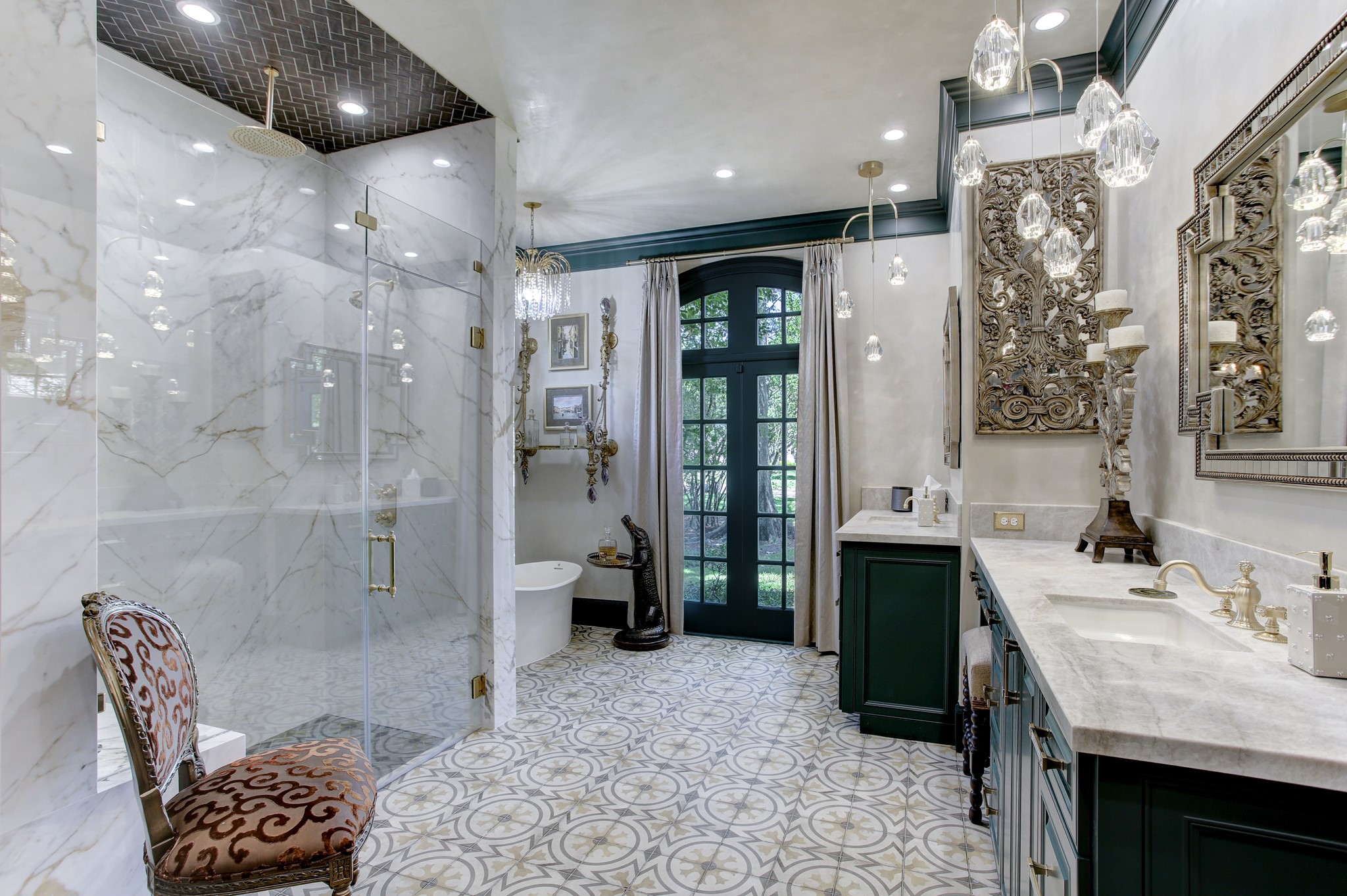 Diamond Brite plaster walls, quartz countertops and a book matched marble solid sheet tile shower are designer touches in this bathroom.
