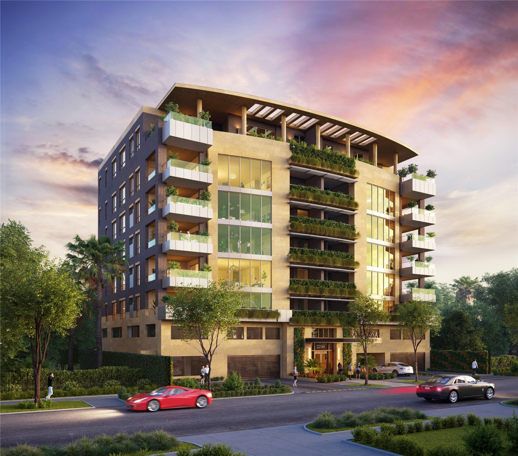A boutique condominium with limestone exterior,floor-to-ceiling window walls, vertical gardens and expansive outdoor terraces, Mimosa Terrace is located on a quiet interior residential street in River Oaks, blending naturally into the landscape of this classic, upscale neighborhood.