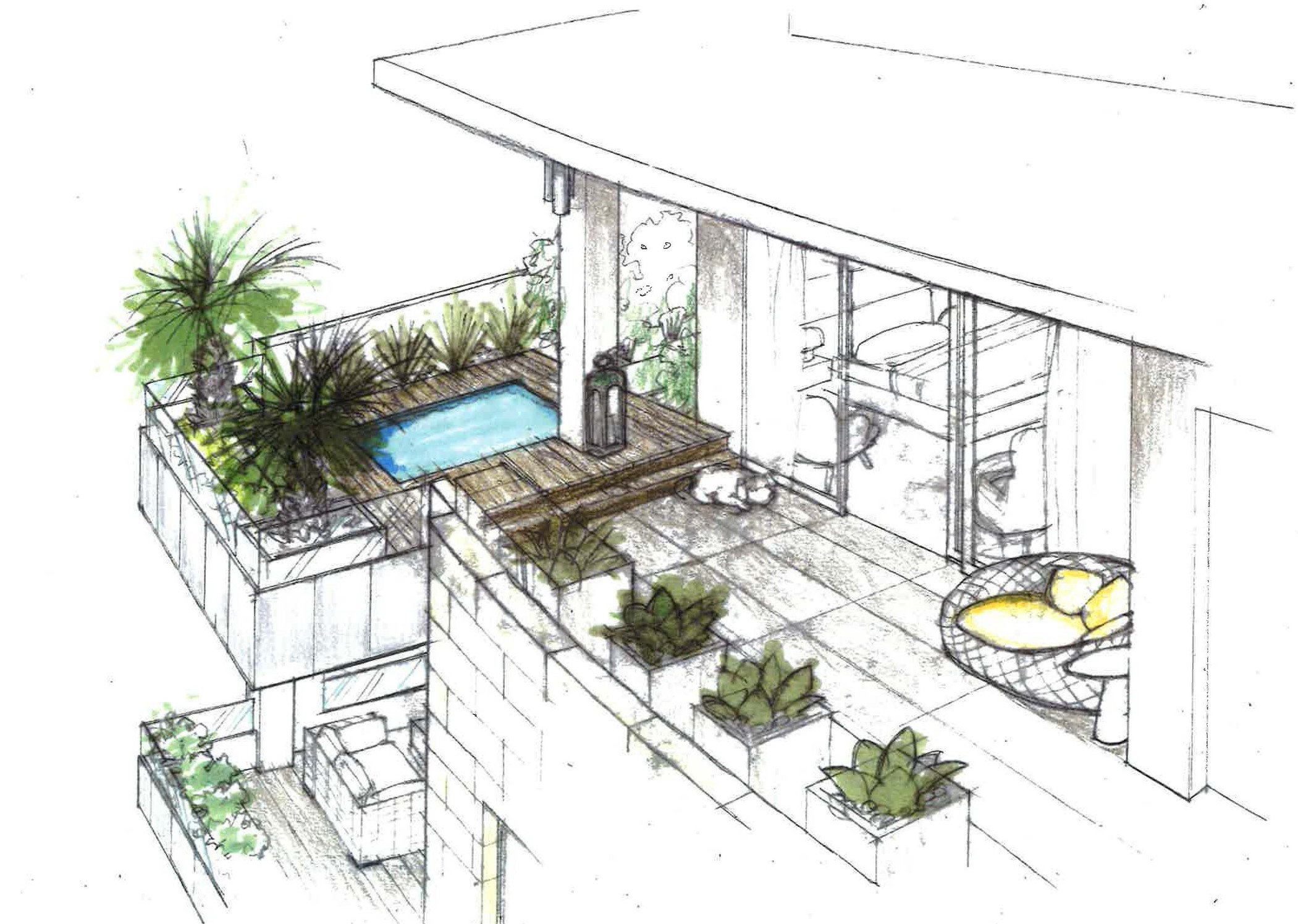 8th Floor PH Terrace optional Pool/Spa upgrade concept; achievable only with 8th Floor pre-construction contracts in order to properly structurally engineer. Image shown is conceptual; actual design customized with Buyer, if pool/spa desired.