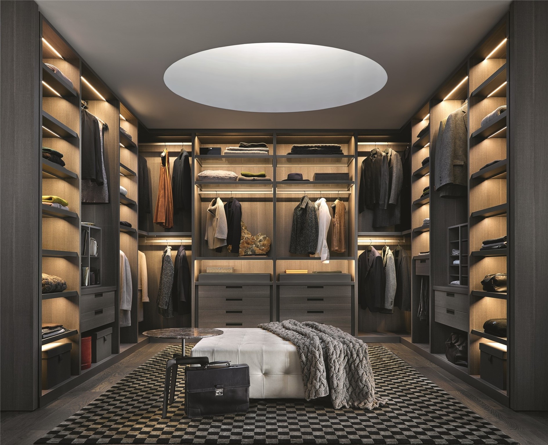 Extra-large primary closets can be completely customized and outfitted by highly-revered Poliform. Rendering shown is an example and may not be representative of this unit.