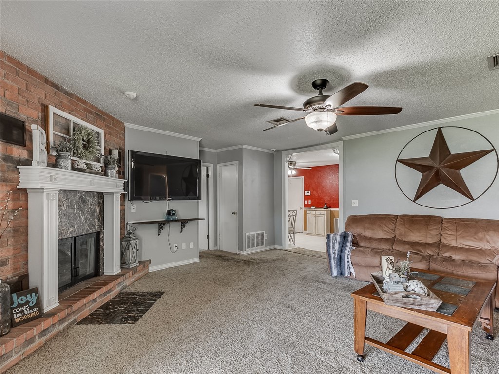8909 Kenny Circle, Oklahoma City, OK 73132 living room featuring a fireplace, carpet, a ceiling fan, and TV