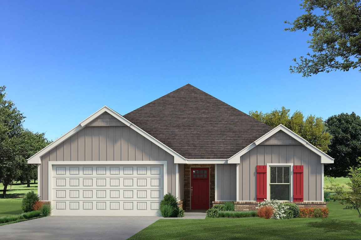 This Norma floor plan includes 1,425 Sqft of total living space, which includes 1,300 Sqft of indoor living & 125 Sqft of outdoor living space. There is also a 385 Sq Ft, two car garage w/ a storm shelter installed. Home offers 3 bedrooms, 2 full bathrooms, 2 covered patios, & a utility room! Great room presents a 10-ft ceiling, with large windows, wood-look tile, a ceiling fan, hand-textured walls, & Cat6 wiring. Spacious kitchen includes beautiful countertops, stainless-steel appliances, custom-built cabinets that feature decorative hardware, wood-look tile, a large corner pantry, & a center island that holds a dishwasher & a roomy sink. Primary suite supports a high ceiling, lovely windows, a ceiling fan, Cat6 wiring, & our cozy carpet finish. Primary bath is attached & holds a dual sink vanity with an elegant countertop selection, satin nickel delta features, an elongated water saving toilet, & a spacious walk-in closet. Outdoor living includes fully sodded yards, a smart home irrigation system, & 30-yr weather wood shingles. Other amenities include a tankless water heater, R-15 insulation, a fresh air intake system, & so much MORE!