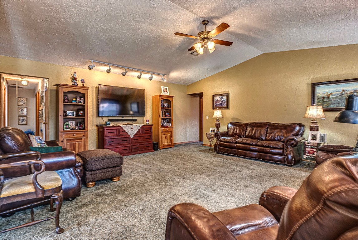 3735 Janet Circle, Mustang, OK 73064 living room with lofted ceiling, carpet flooring, track lighting, and ceiling fan