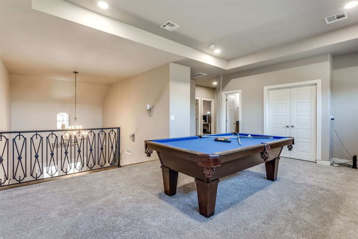 3910 Sienna Ridge, Newcastle, OK 73065 playroom featuring pool table, light carpet, a chandelier, and lofted ceiling