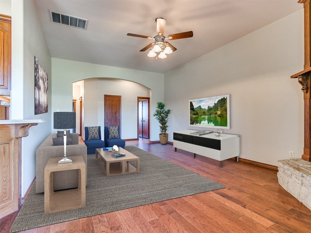 12400 Olivine Terrace, Oklahoma City, OK 73170 living room featuring dark hardwood / wood-style floors and ceiling fan