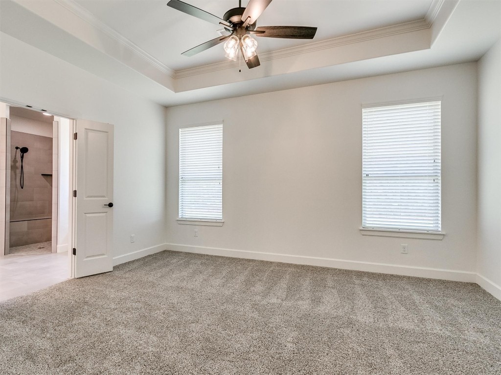 1226 Deer Ridge Boulevard, Tuttle, OK 73089 unfurnished room featuring a wealth of natural light, a tray ceiling, ceiling fan, and light colored carpet