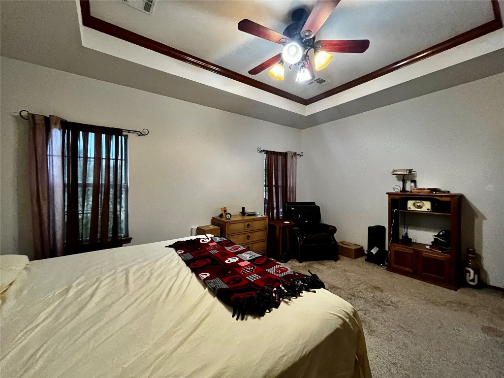 5808 E McMillin Dr, Tuttle, OK 73089 carpeted bedroom featuring ceiling fan and a tray ceiling