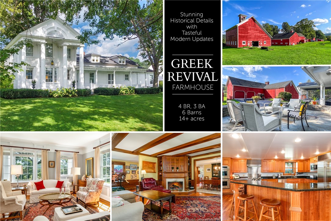 This stunning Greek Revival farmhouse sits on 13+ acres zoned for residential or commercial use. Ideally located btwn Cooperstown & Oneonta. Imagine yourself on the stone patio of this historic masterpiece framed by some of the area’s earliest barns as you enjoy friends and family. Sited atop a rise above Susquehanna River Valley, it features neoclassical columned architecture, custom chef's kitchen w solid cherry cabinetry, modern top-of-the-line appliances, and radiant heat cherry wood floor. Grand central hallway w wide plank floors & living / dining room w exposed natural wood beams. Stairs to 2nd floor w carved railings, access 4 bdrms & 2 full bths. Primary w ensuite modern bath. Out buildings incl. hops barn, 2-story historical dairy barn, + corn crib, workshops & more. Hand-laid stone patio is a dream - may be your new favorite spot for luxury country lifestyle. Minutes from dining, sports, entertainment, shopping, & universities. Dream package. (NOTE: Previously listed as a 2 home package.)