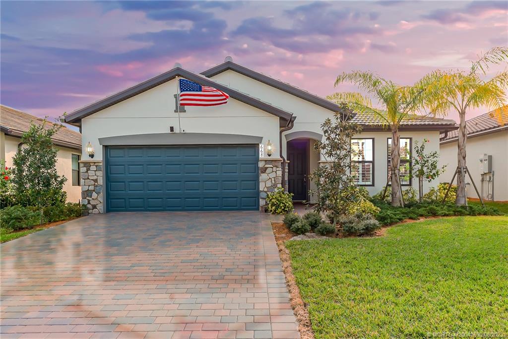 This is your chance to slide right into a custom, new-construction home built in 2021 in Veranda Gardens! This 4-bed, 3-bath, home features 10-foot ceilings, hurricane windows and doors, crown molding, UV air conditioner and a whole-house water treatment system. In addition to the home's beauty, the community amenities are too numerous to count. Two pools, tennis, pickleball, fitness center, clubhouse, tot lot and more. In the home, the kitchen upgrades include a slide-in gas range, single tub sink, pull out cabinet drawers, Lazy Susan, built-in garbage cans and a cohesive backsplash. Don't miss the coffered ceiling with LED high hats in the main bedroom. The rest of the home includes 5.25-inch baseboards, Cheyenne-style paneled doors and tile in the bathrooms. Another detail in the living area is a reinforced wall for TV mount and elevated outlet. The laundry room is outfitted with cabinets, sink and a bench. The screened and covered patio is also equipped with an elevated outlet.