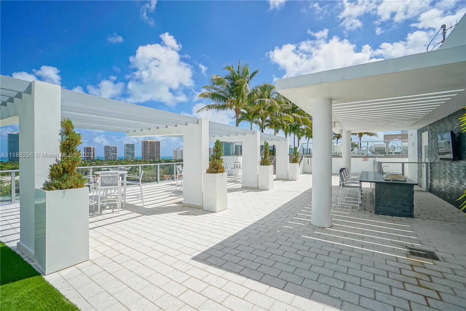 Rooftop BBQ Area with chairs and TV.