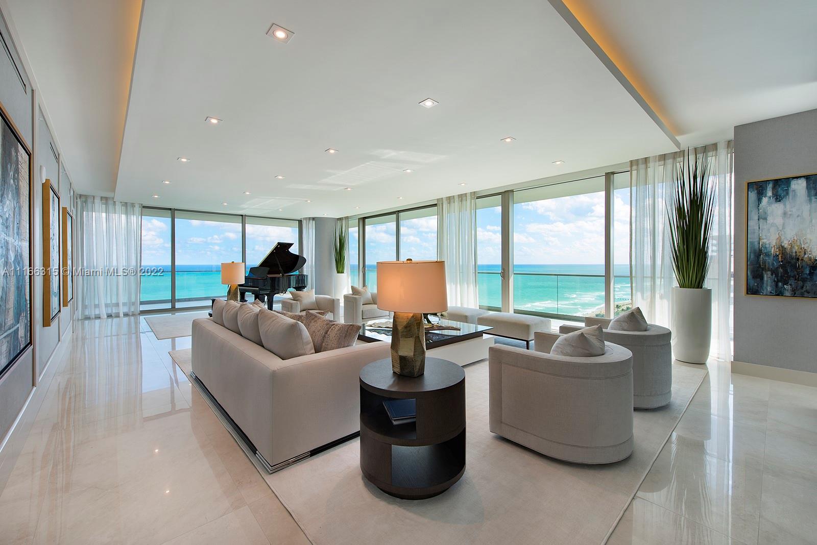 A high floor corner oceanfront condo at the ultra luxurious Oceana Bal Harbour.  This residence was designed, built and furnished by famed designer Steven G.  Extraordinary finishes from top to bottom. Over 5700 sqft of indoor and outdoor living space, with wraparound terraces facing East, South and West. Kitchen appliances by Gaggeneau. Bathroom fixtures by Boffi, Toto and Duravit. Integrated sound system, mesh WiFi and large screen televisions throughout. Wine room. Private parking spaces directly at garage elevator entry. Purchase includes furniture, electronics and equipment.  Oceana Bal Harbour is a five-star oceanfront, gated, secure community located near the Shops of Bal Harbour, restaurants and more.