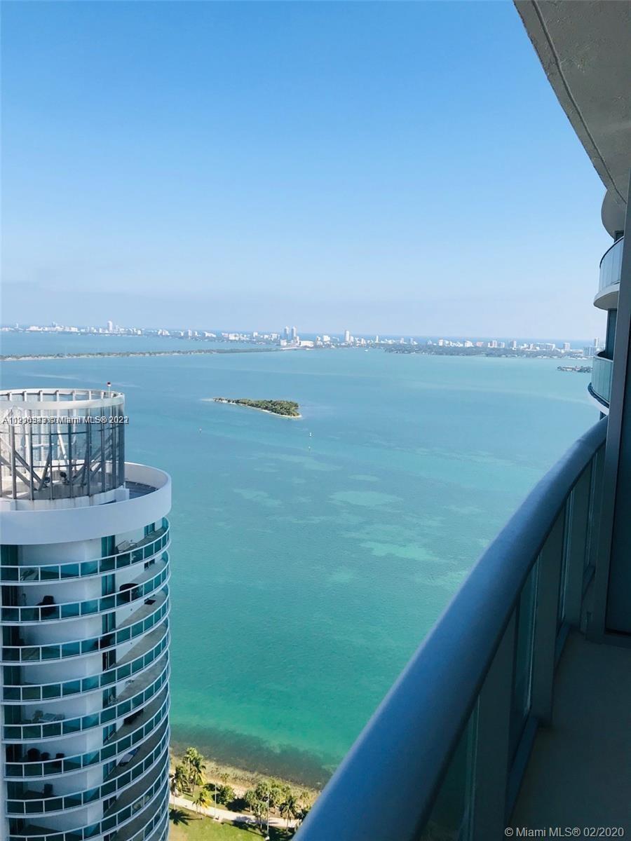 Spectacular View to the Bay and Miami Beach from this 44th Fl, Spacious 1 Bed + DEN (Converted to a Second Bedroom) + 2 Full Baths, unit featuring large balcony, porcelain floors throughout the whole apartment, Italians cabinets and quartz tops in Kitchen and bathrooms, New Building, State of the Art amenities, Gym, Spa, Kids playroom, Sauna, Theater, 24/7 Valet and Security, Two curved Pools, Jacuzzi, Indoor and Outdoor social room, Garage with assigned parking, BBQ area with summer kitchen.