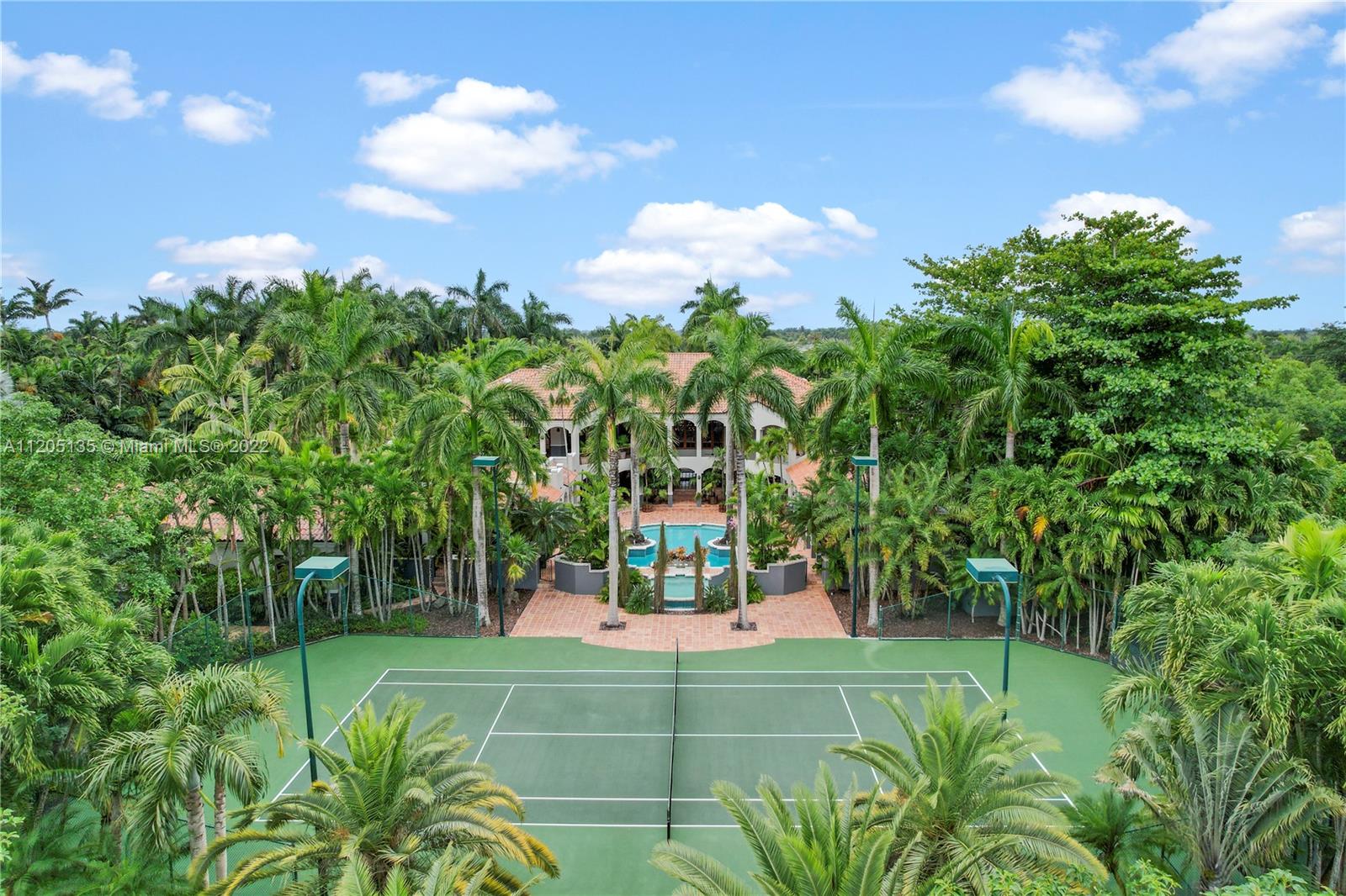 On the grounds between the palms, tropical landscaping and fruit trees is a professionally lit tennis court