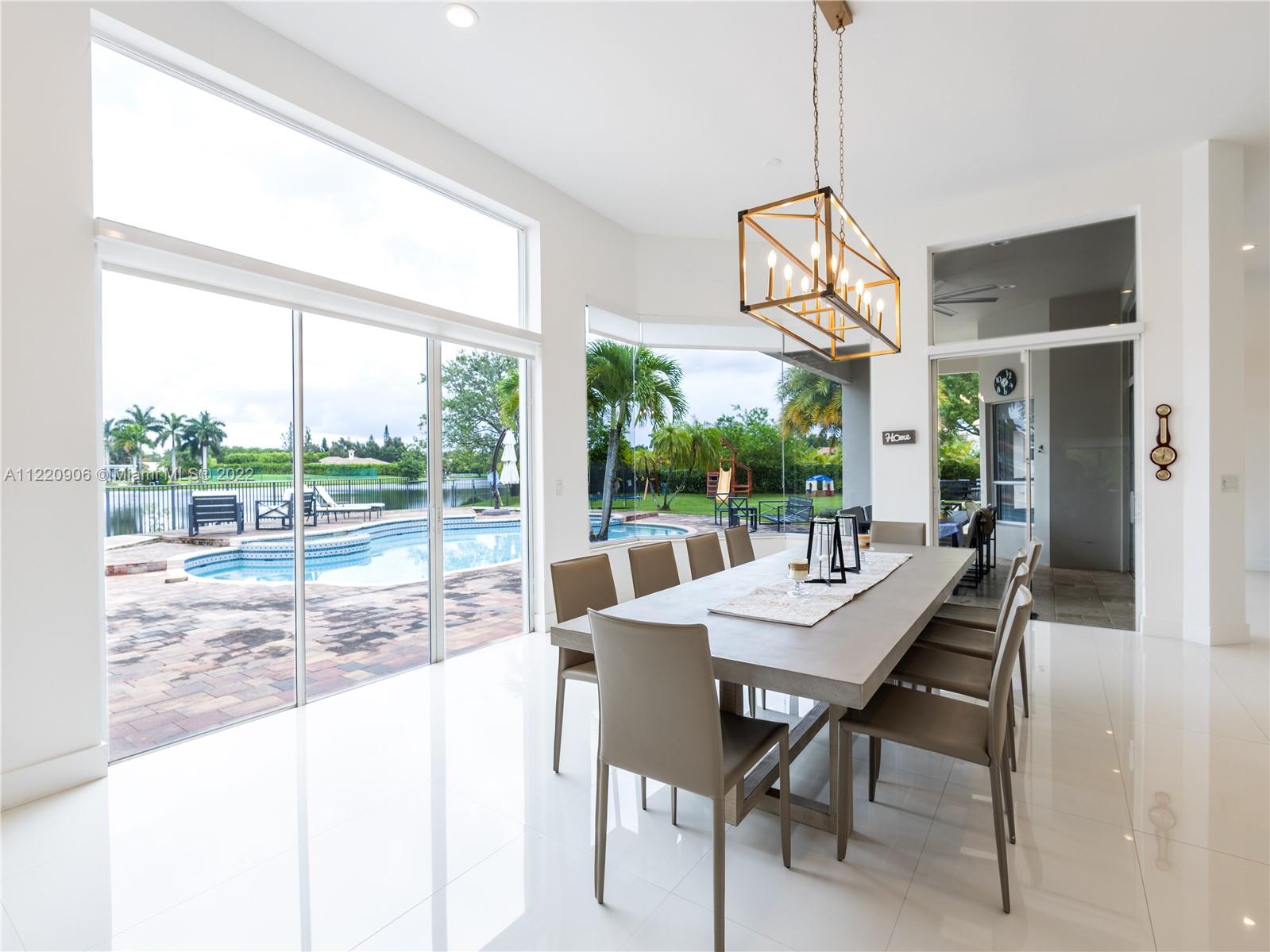 Dining room overlooking pool and lake