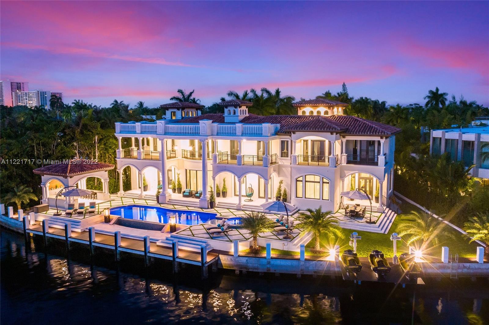 Exuding opulence, this ultra-lavish waterfront palatial estate is set behind private gates at the end of a cul de sac. Boasting 9,327 SF sitting on a 19,082 SF lot offering 200’ of WF this smart home is the epitome of sophistication. The living spaces include a movie theatre, rooftop terrace, 5 balconies, elevator, formal dining room, living, family & lounge areas all offering views of the water, maid’s quarters, kosher kitchen w/ top-of-the-line appliances. Primary suite offers dual walk-in closets & bathrooms complete w/ a terrace. Surrounded by open intracoastal views, infinity saltwater pool, spa, manicured landscaping, private dock, the outdoor space is like no other. This luxurious retreat captures the magic of Golden Beach living w/ stunning views & artfully designed living spaces.